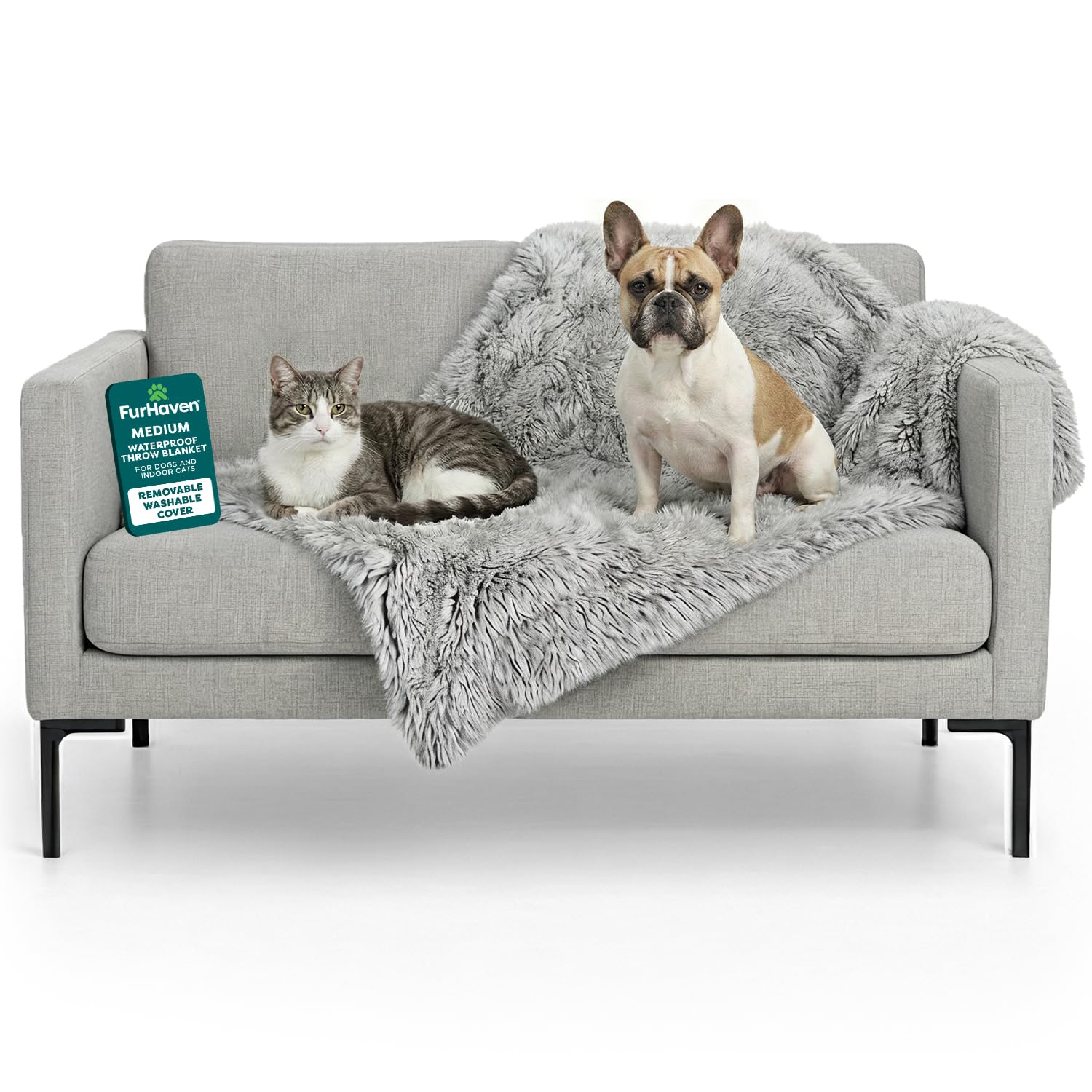 Furhaven Waterproof Throw Blanket for Dogs & Indoor Cats, Washable - Shaggy Plush Calming Long Faux Fur & Velvet Dog Blanket - Mist Gray, Medium