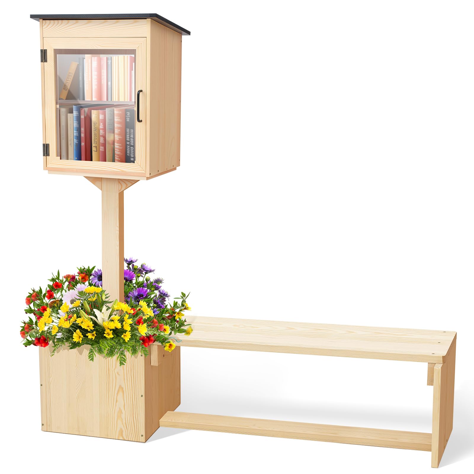 Photo 1 of Wonderjune 3-in-1 Little Library Box Outdoor with Bench and Flower Fences, 55.8 Inch Weatherproof Solid Wood Exchange Box with Floor Plugs and Flower Fence for Neighborhoods, Community, School