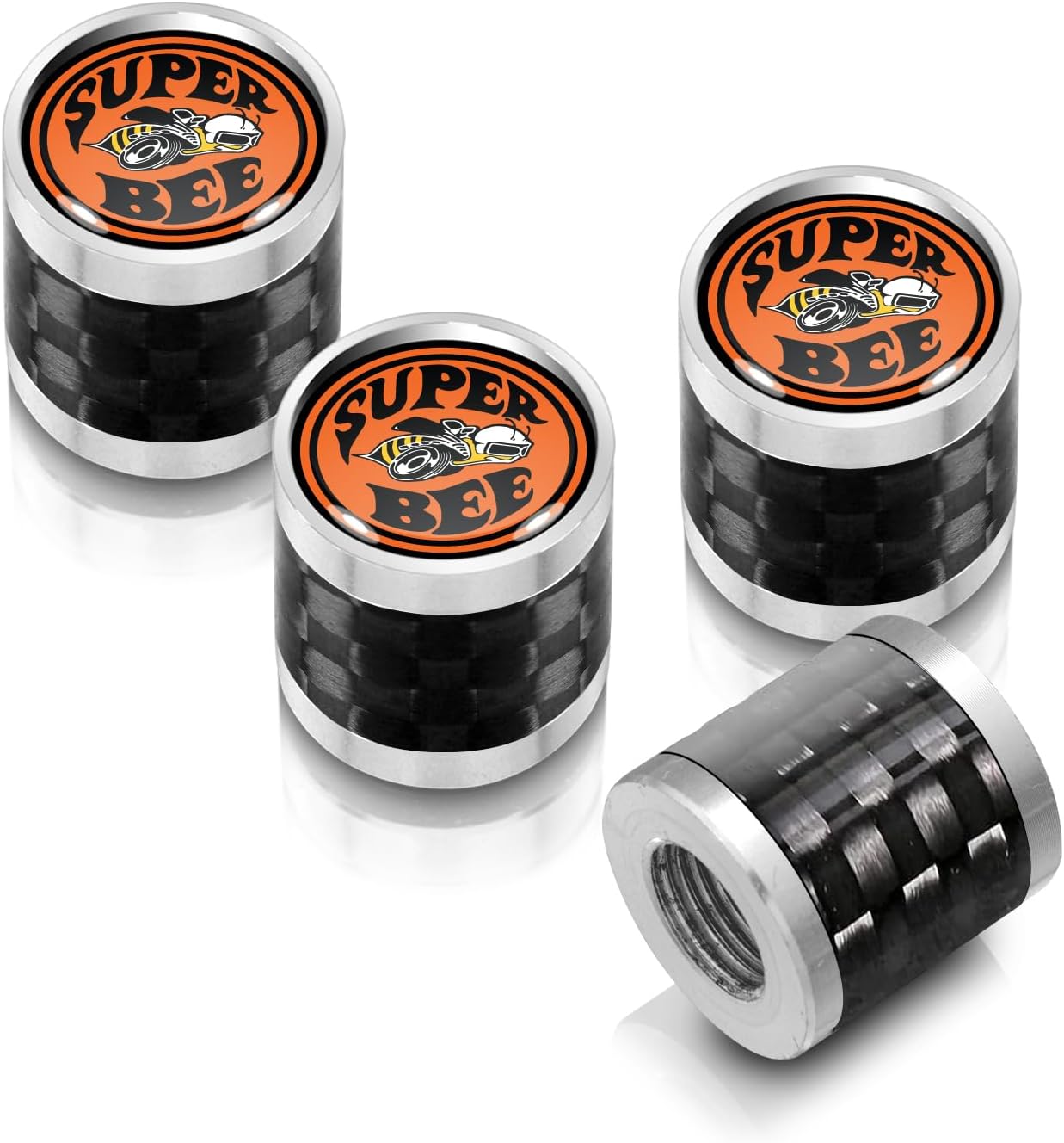 iPick Image for Dodge Super-Bee in Black on Real Carbon Fiber Barrel Silver Aluminum Tire Valve Stem Caps
