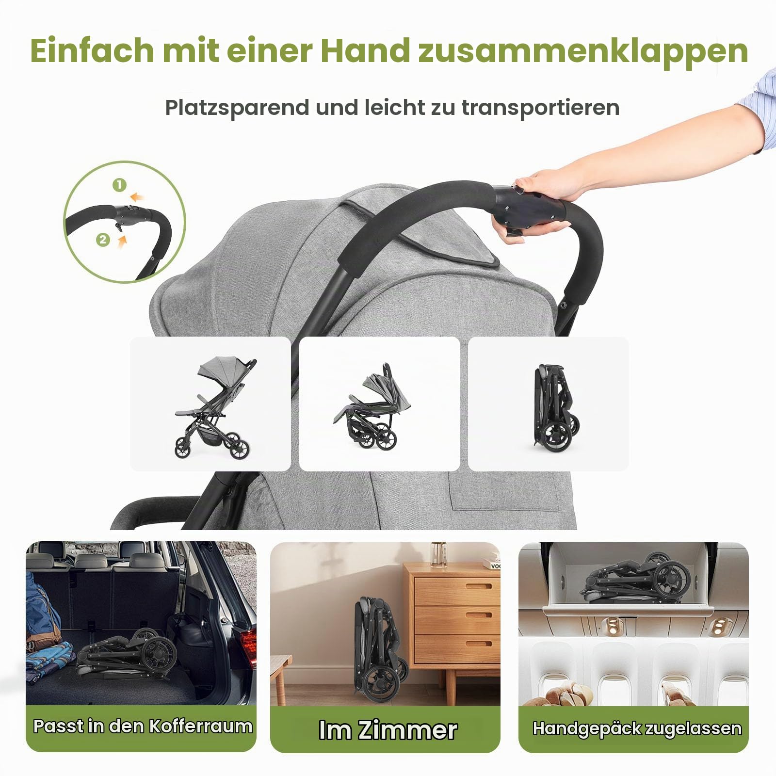Faltbar Kinder-Buggy Kinderwagen, Regulierbarer 5-Punkt-Sicherheitsgurt, Zusammenklappen mit einer Hand, großes Verdeck, Robuster alle 4 Räder gedämpft, geräumige Sitz, Einkaufskorb (Grau)