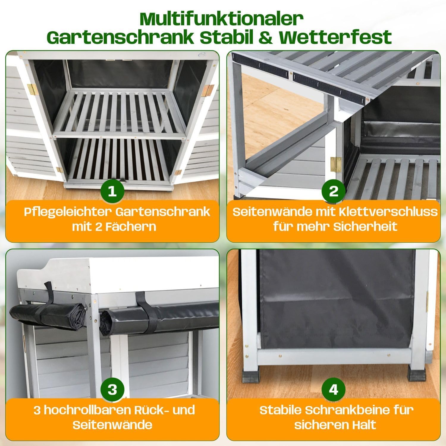 Gartenschrank Lola Grau 67x46x98 cm - Pflanztisch mit Stauraum, Geräteschrank mit verzinkter Arbeitsplatte, aufrollbare Wände, 1 Einlegeboden, Flexibler Schrank für Garten, Balkon & Terrasse
