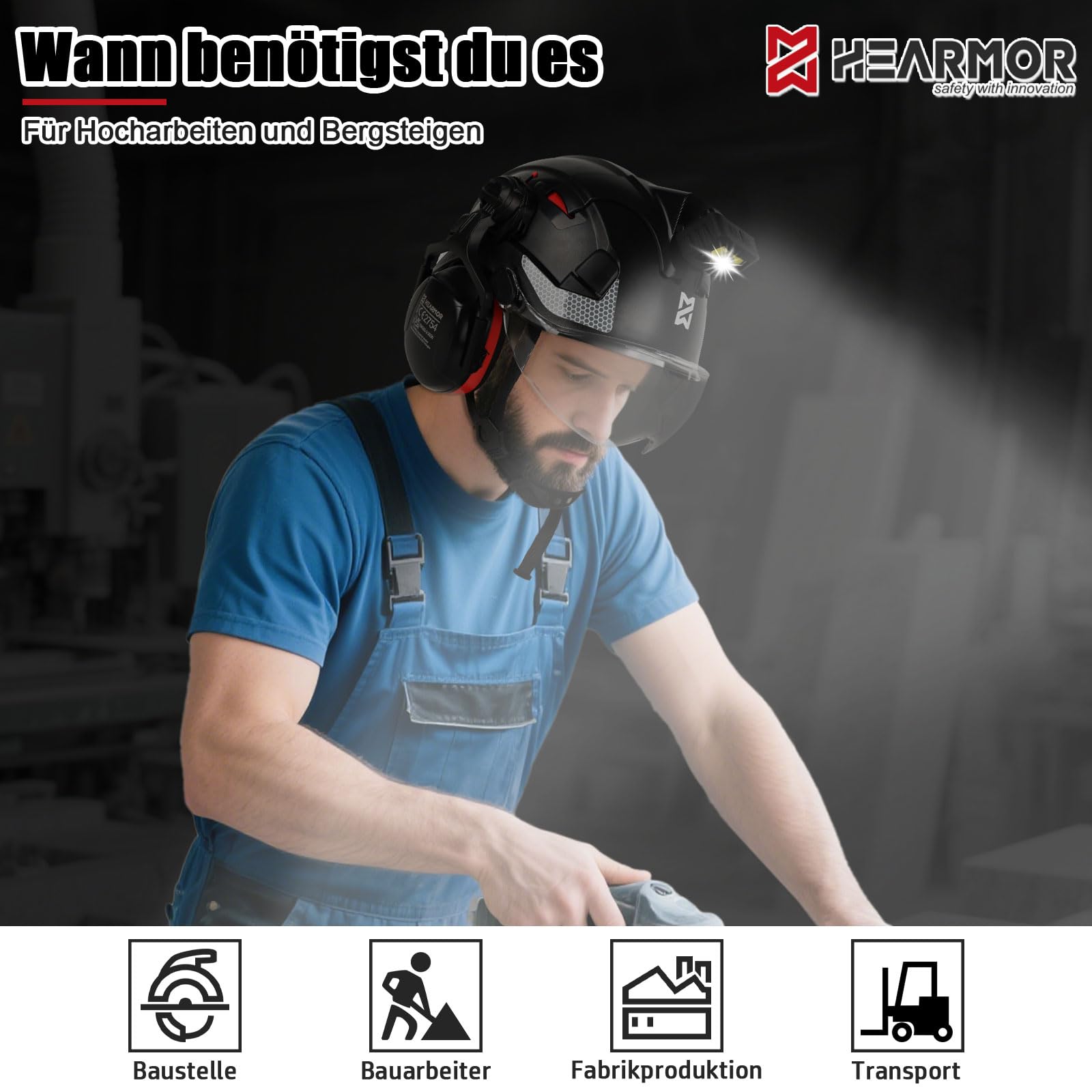 HEARMOR VOLTEK CE EN397 Zertifizierter Industrieschutzhelm mit LED-Kopflampe + Visier & Gehörschutz | Für Forstarbeiten, Bauarbeiten & Klettern | Hochwertiger Arbeitshelm mit Belüftung für Erwachsene