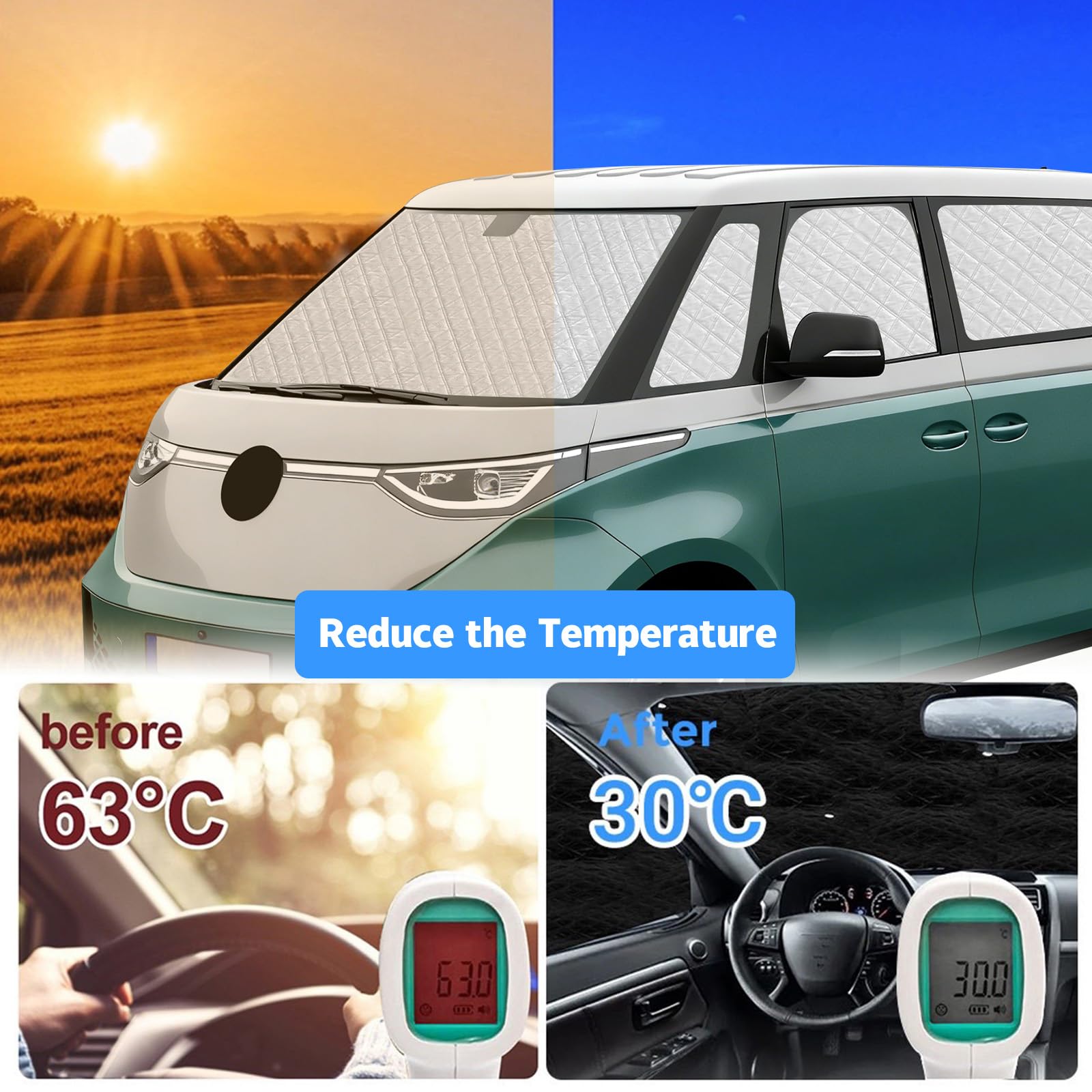 Sonnenschutz Kompatibel mit VW ID Buzz 2022-2026 LWB, 10 PCS Auto Frontscheibe Sonnenschutz Windschutzscheiben Schutz Set, Internes Thermomatte mit Aufbewahrungstasche, Faltbar Sonnenblende