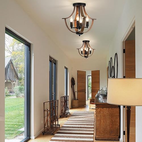 Miniatura 3 de Iluminación Colgante de Granja, Lámpara de Techo de Montaje Empotrado de 4 Luces Rústica, Moderna Lámpara Colgante de Madera Sintética Vintage para