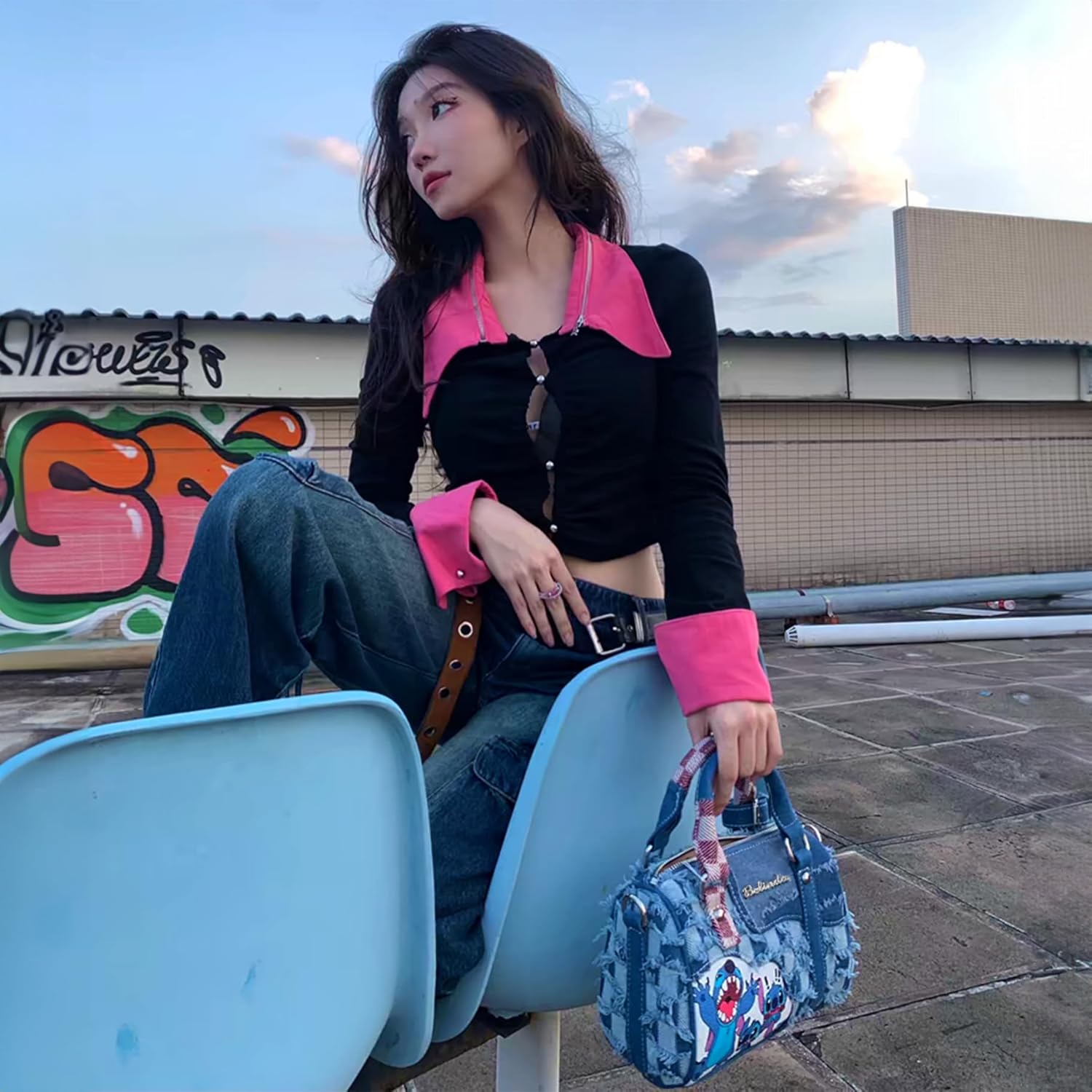 Cute Womens Purses and Handbags, Blue Denim Shoulder Bag Cartoon Crossbody Bags With Detachable Strap - Image 2