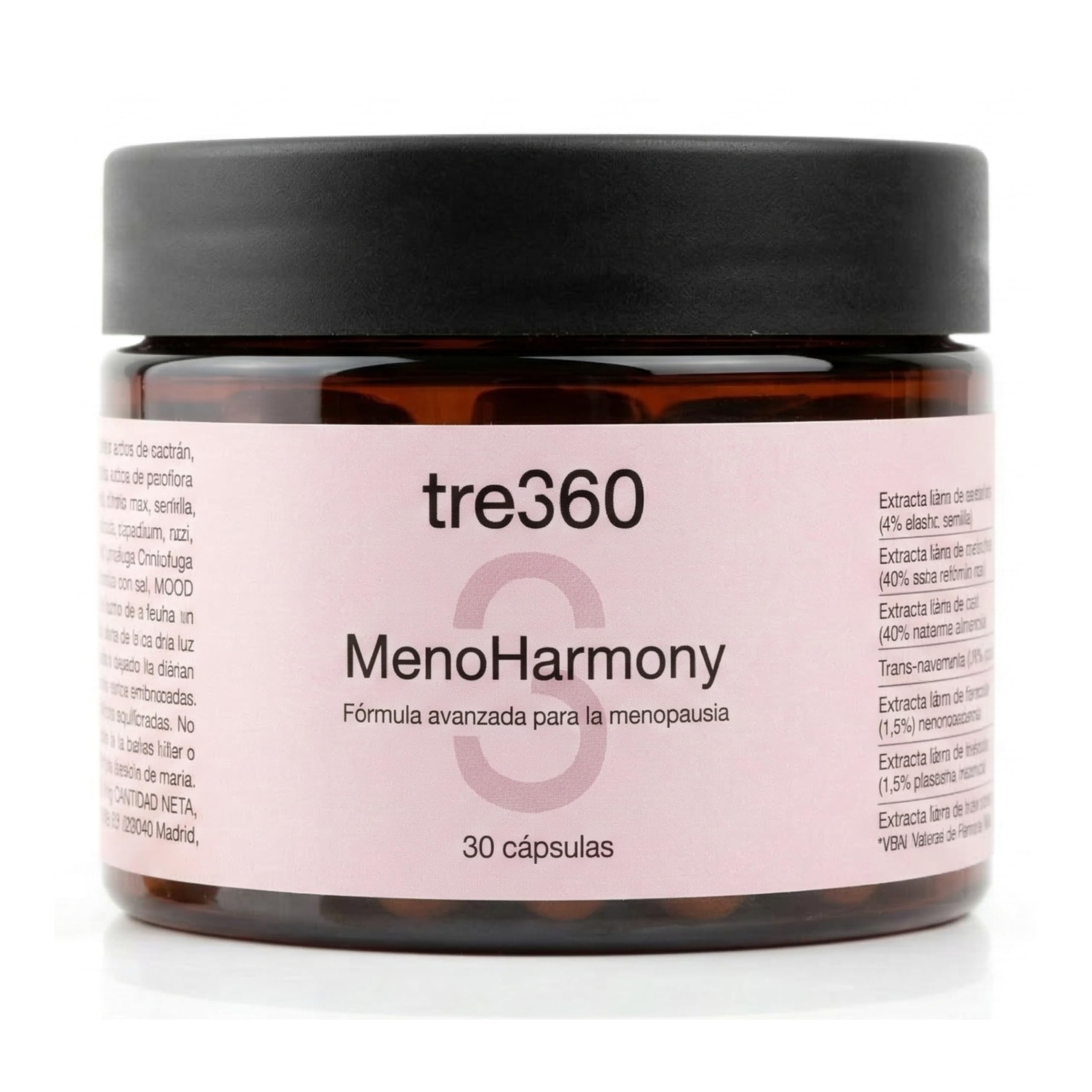 Tres60 - MenoHarmony - 30 Cápsulas - Complemento Alimenticio para Menopausia con Isoflavonas de Soja, Cimicífuga, Salvia, Pasiflora y Resveratrol - Equilibrio Hormonal, Bienestar Femenino