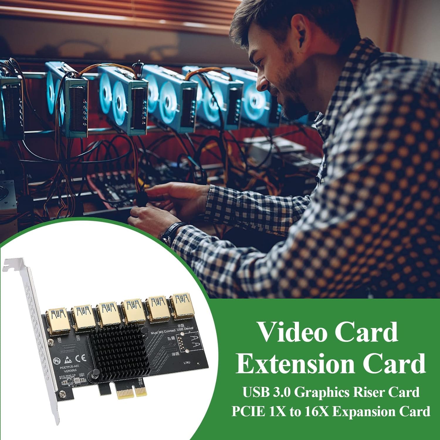 PCIe 1 to 6 PCI Express 16X Riser Card, PCI-E 1X to External 6 USB 3.0 Converter Adapter w/Large Heatsink, PCIE Splitter Multiplier Extender Board for GPU Ethereum Bitcoin Crypto Mining Rig