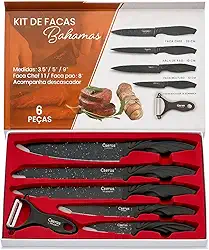 Conjunto de Facas de cozinha, 6 Peças, Lâminas em Aço Inox com Revestimento Especial, Inclui Descascador
