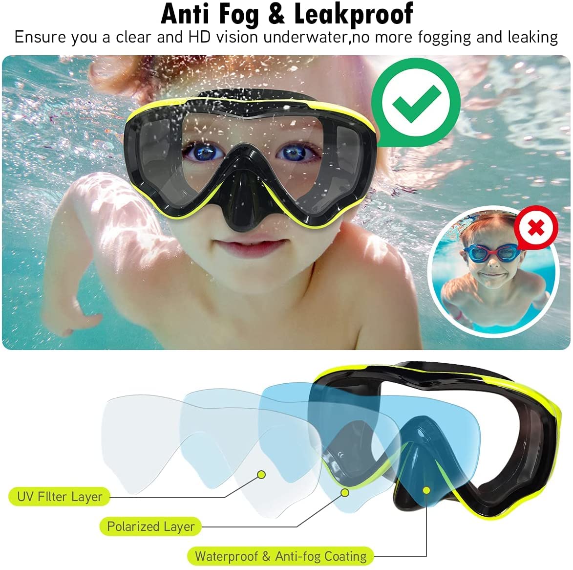 Maschera da snorkeling per bambini, anti-appannamento e anti-perdite, occhialini da snorkeling e nuoto, impermeabile, resistente, in vetro temperato, per bambini (giallo)