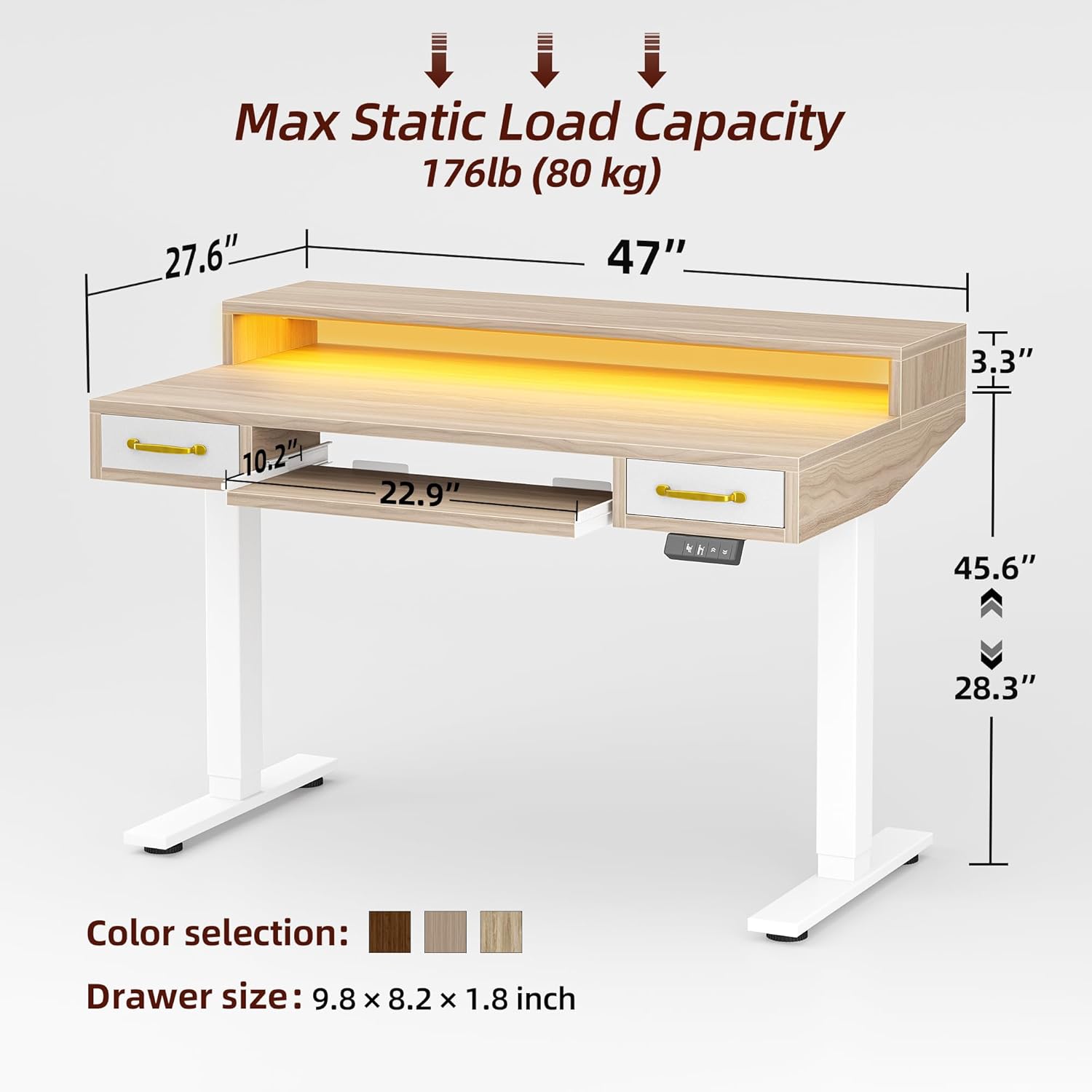 TIQLAB Standing Desk with Two Drawers, Stand Up Standing Desk Adjustable Height, Electric Sit Stand Table with Storage Shelf and Splice Board, with LED Light, 47 * 28 inch, Light Walnut - 3