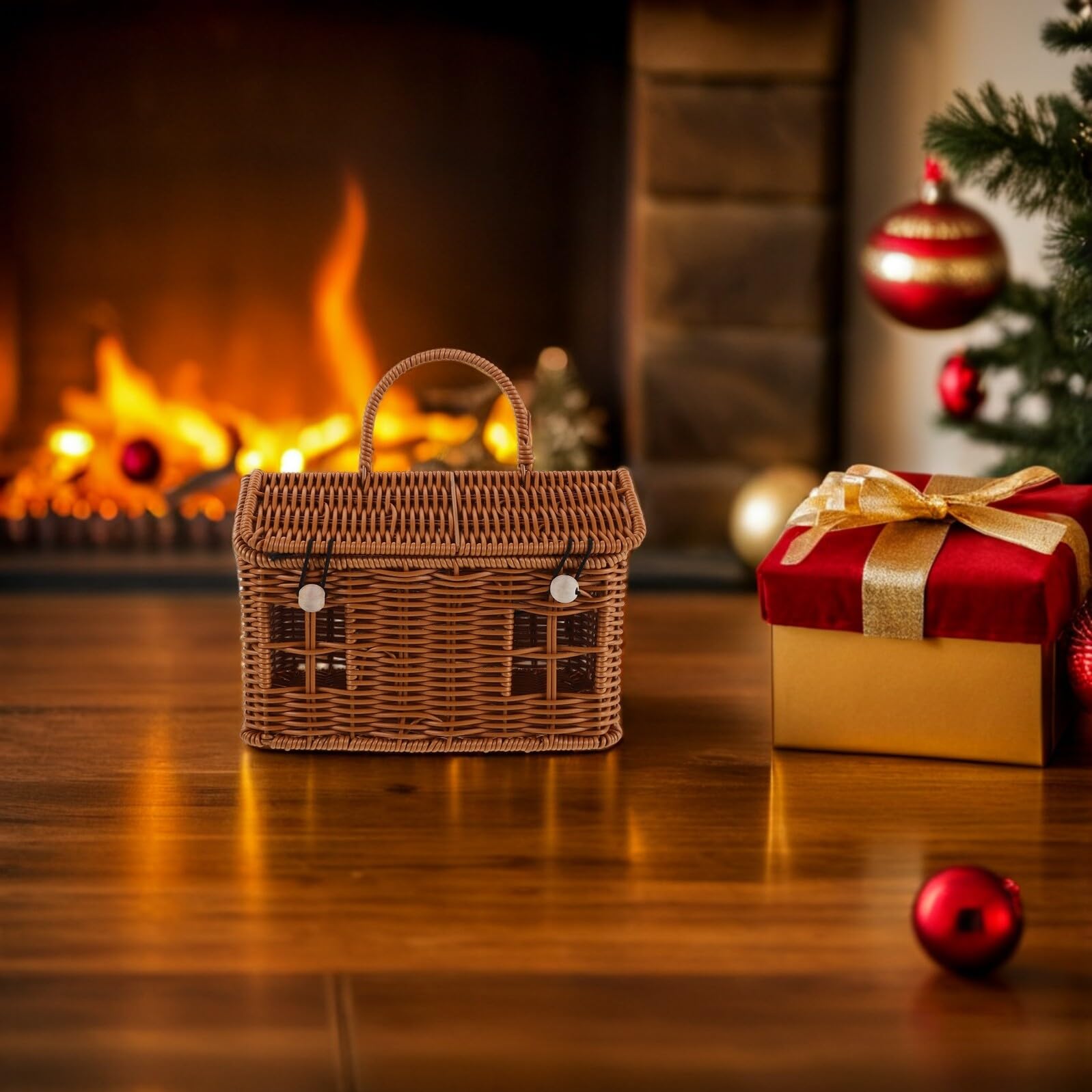 LOORGVEL Cesta Tejida Mano con Asa Diseño Casita Almacenamiento Portátil para Dulces y Regalos Cesta de Ratán para Decoración de Bodas y Fiestas Navideñas