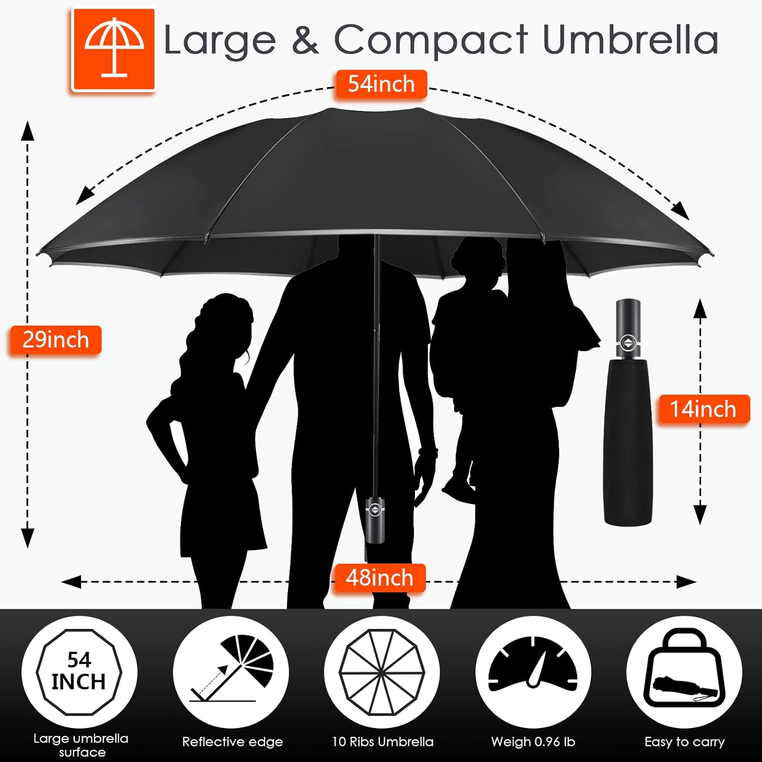 Bodyguard Inverted Umbrella - Large Windproof for Rain & Sun, Compact Reverse With Reflective Stripe, Teflon-Coated for Women Men, Travel Folding With Cover Bag - Image 4