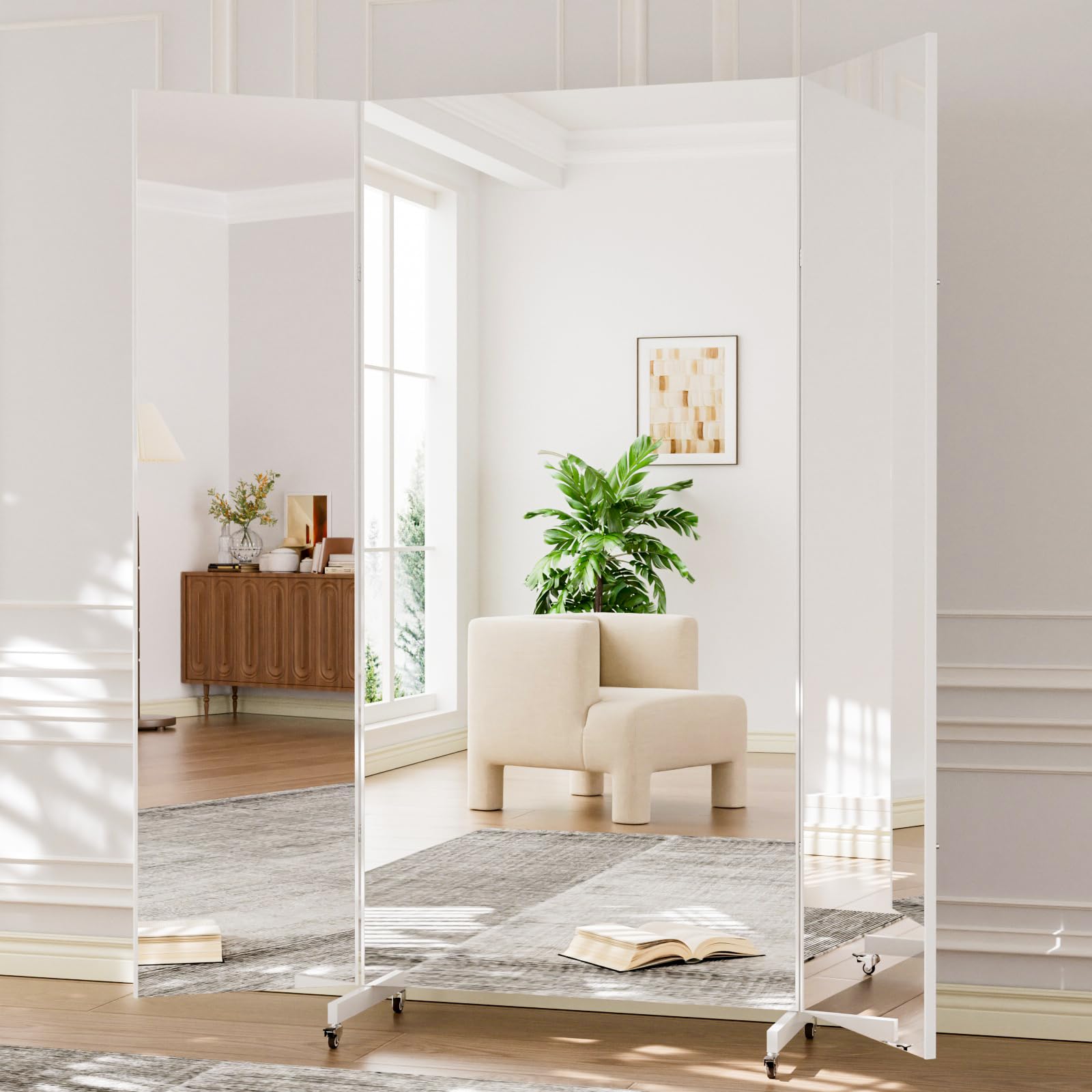 brisafe Grand Miroir Pleine Longueur 180 x 180 cm sur Pied 3 Côtés Pliable avec Roulettes Rotatif 360° Nano Incassable Blanc