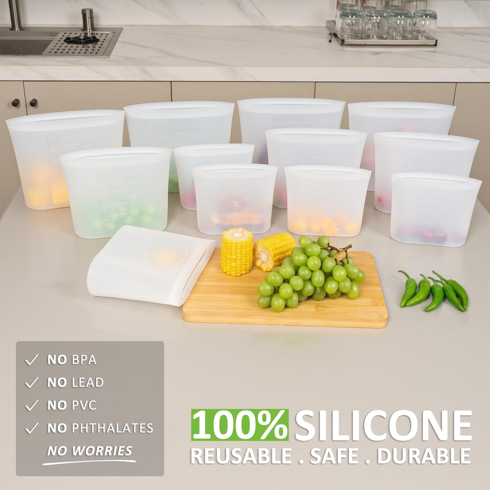 Sacchetti riutilizzabili, confezione da 12 sacchetti per alimenti in 100% silicone, con chiusura a cerniera, per contenitori per alimenti, congelatore, microonde, forno a lavastoviglie, 4 medi, 4