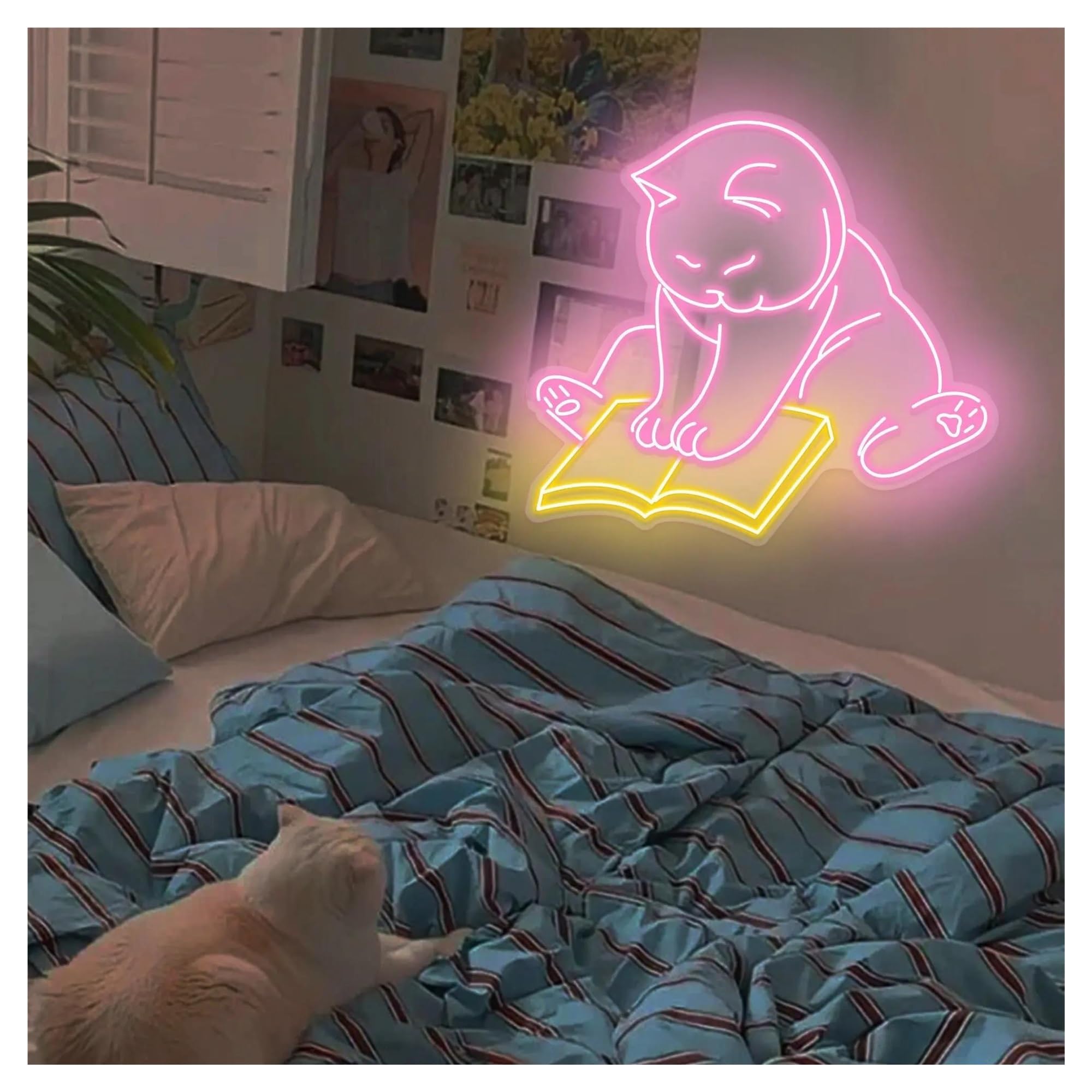 LEMST Sign Lamp Cat Reading Book Neon Sign Cute Cat Pet Lover Neon Lights for Wall Bedroom Decor 60cm(A)