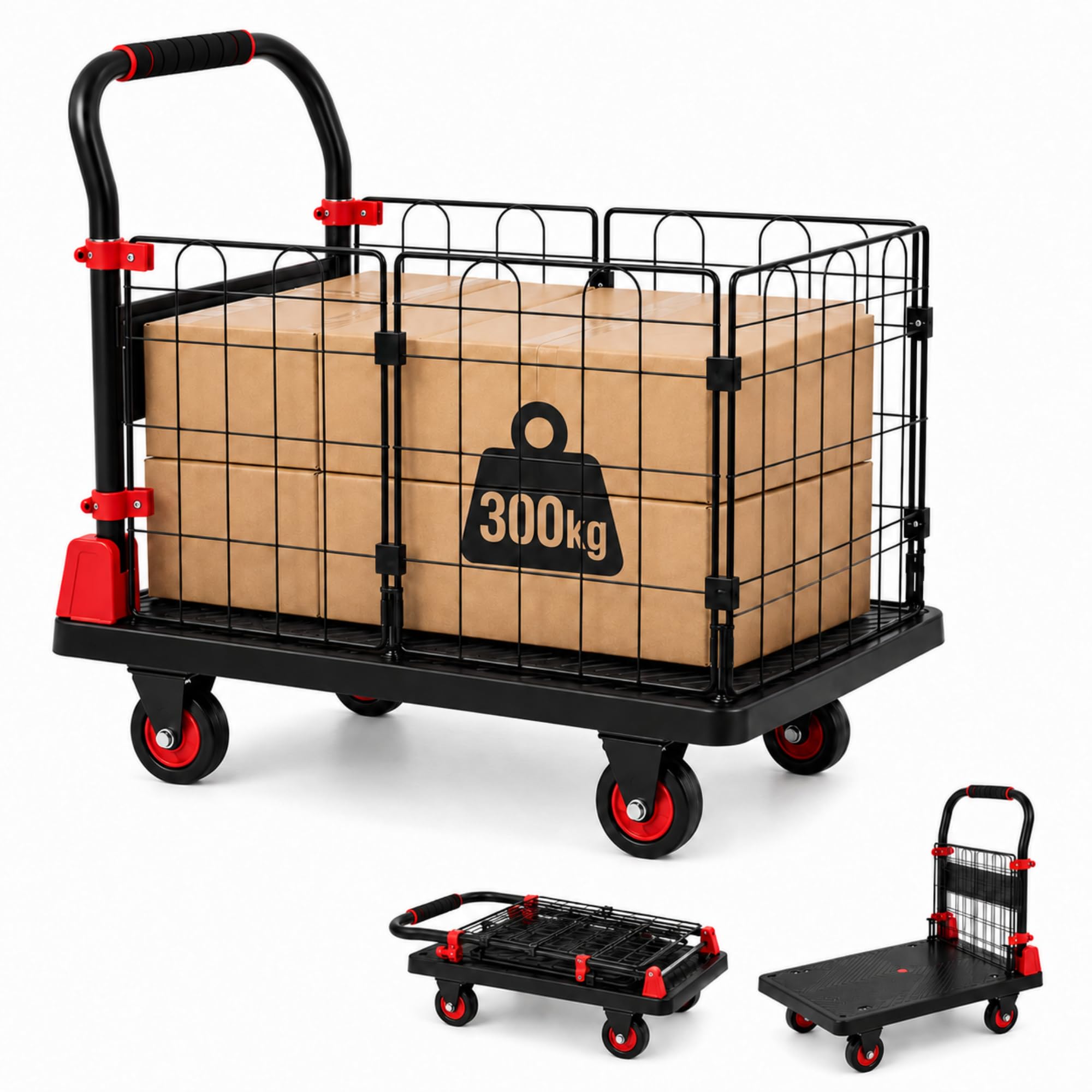 Chariot Plateforme Pliable avec Cage, Supporte 300kg, 4 Roues Pivotantes | Plateforme de 90 × 60 cm, Poignée Rembourrée et Cordons de Maintien