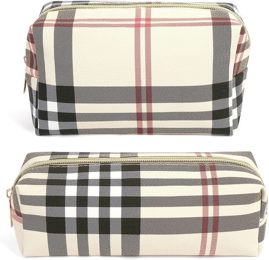 Small Makeup Bag for Purse, 2 PCS Cosmetic Bag for Women Travel Makeup Pouch Leather Make up Bag Portable Zipper Pouch Brushes Bag - khaki plaid