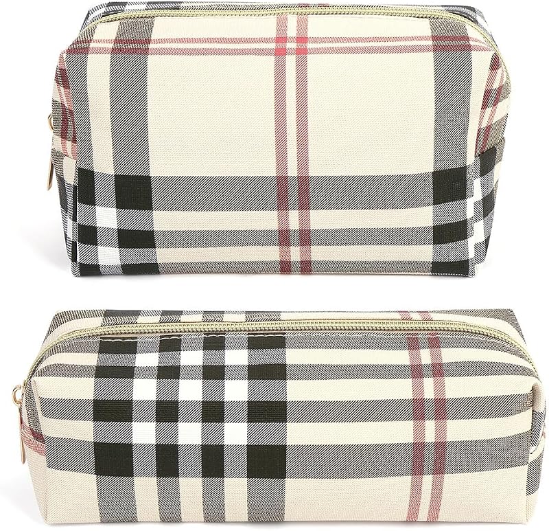Necessaire de maquiagem MAANGE em couro sintético, 2 unidades, estojos com zíper, padrão xadrez khaki