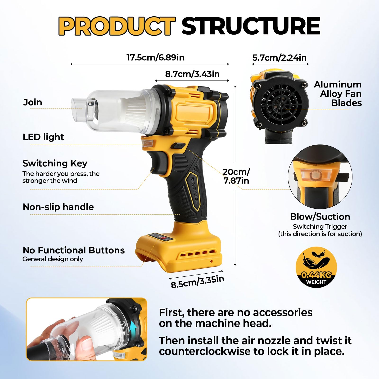 Soffiatore e aspiratore per foglie senza fili compatibile con batterie DEWALT da 18V e 20V, soffiatore d'aria 2 in 1 da 20 kPa e aspiratore da 8 kPa, 20000 giri/min con 3 ugelli e luce LED