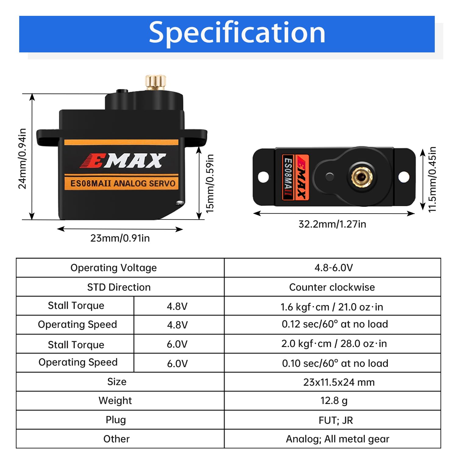 HAWK'S WORK EMAX ES08MA II Micro Servo, 12g Servo Analógico con Engranajes Metálicos para Modelos RC, Brazo Robótico, Proyectos Stem y Raspberry Pi (4 Paquetes)