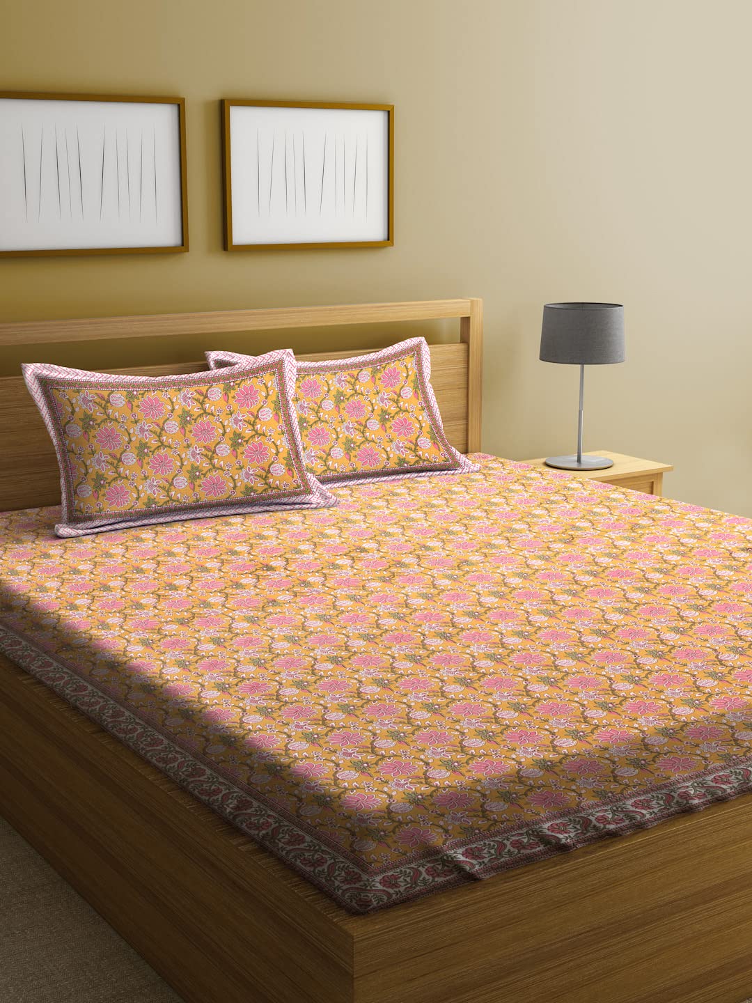 Rajasthan Decor Floral Design Cotton Printed Soft/Breathable Wrinkle- Free Bedsheet for King Bed Size with 2 Pillowcovers, Yellow and Pink (B0CML3WTSF) Amazon Price History, Amazon Price Tracker
