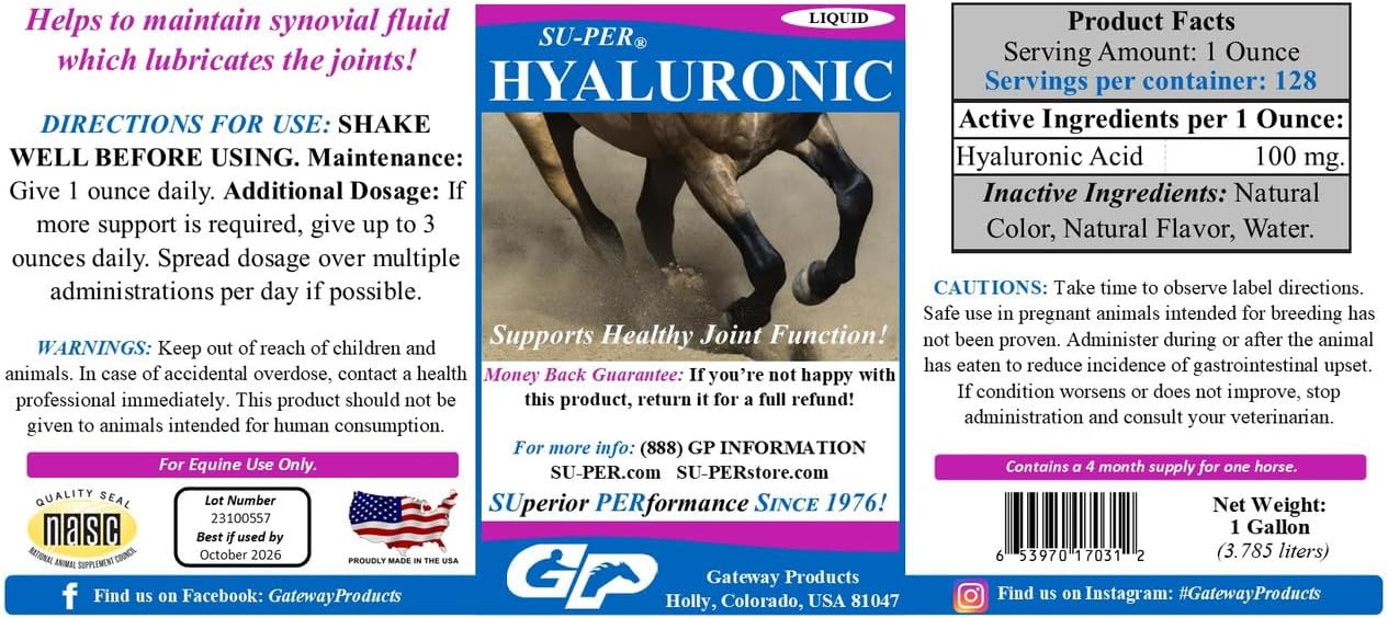 SU-PER Hyaluronic Joint Supplement for Horses – Supports Joints Health & Lubrication – Horse Hyaluronic Acid Liquid – 1 Gallon, 4 Month Supply