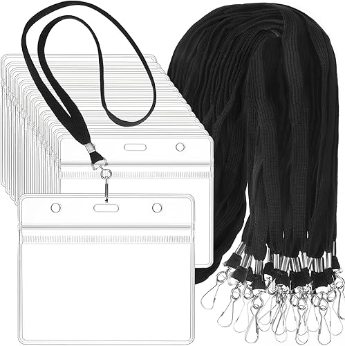 Marspark 100 juegos de cordón transparente con soporte para identificación, cordón plano a granel con insignia retráctil, soporte de plástico para