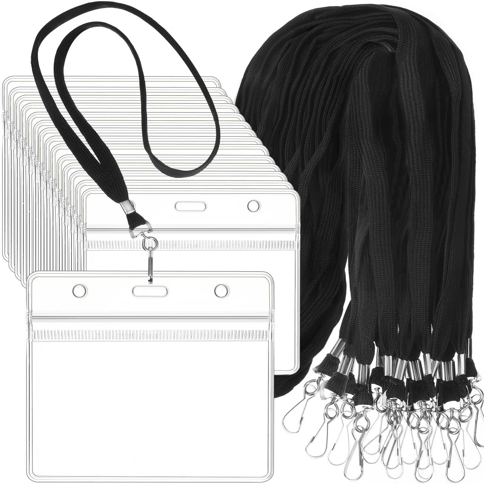 100 Sets Clear Lanyard with ID Holder Flat ID Lanyard with Retractable Badge Plastic ID Card Holder with Lanyard with Metal Swivel J Hook Clip Waterproof Lanyard with Badge Holder (Cross Style)