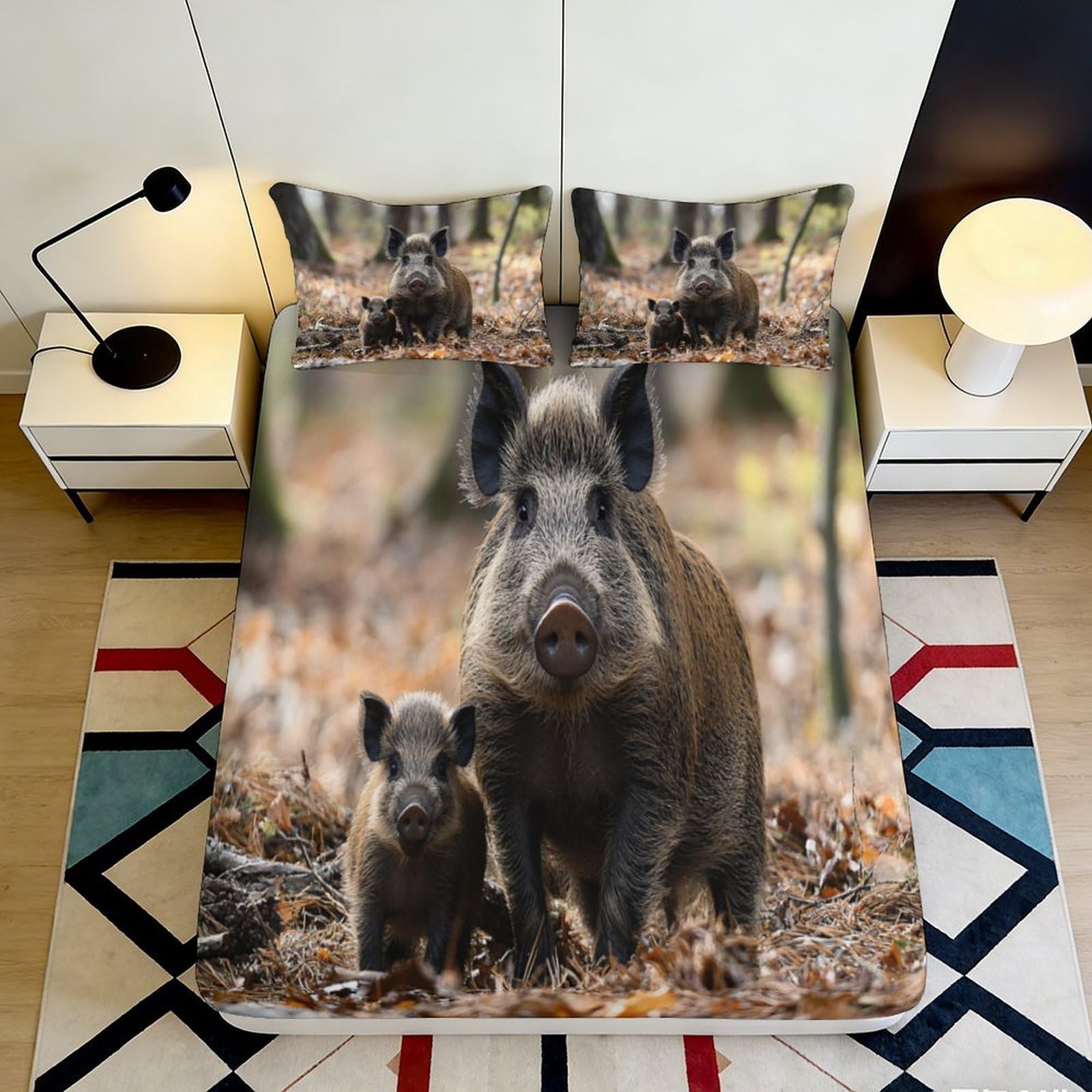 3D Printed Wild Boar Fitted Sheet Microfiber Soft Durable Forest Animal Bed Cover for Bedroom Guest Room Dormitory Mattress Protection 140x200x25cm