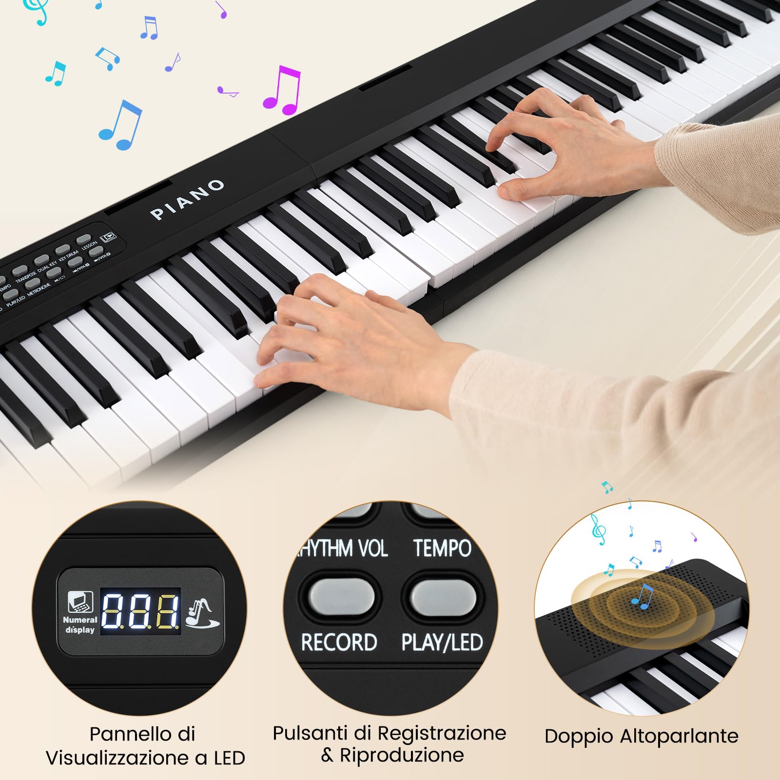 COSTWAY Pianoforte Digitale 88 Tasti, Tastiera Elettronica con 1000 Ritmi, 1000 Timbri, 150 Canzoni, Pianoforte Elettronica Pieghevole con Doppi Altoparlanti, MP3/USB/MIDI, per Principianti Bambini
