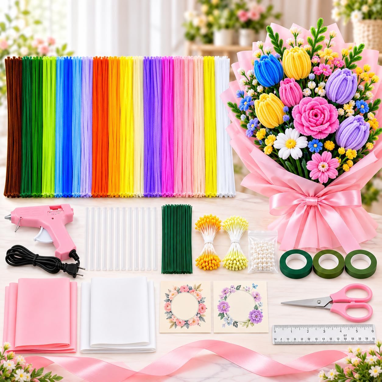 HSIFMATE 1050 PCS Pipe Cleaners for Crafts, 21 Colors 8mm Thick Fluffy Chenille Stems, Pipe Cleaner Flower Making Kit with Glue Gun, Floral Wire, Tape & Wrapping Paper, DIY Flower Craft Kit