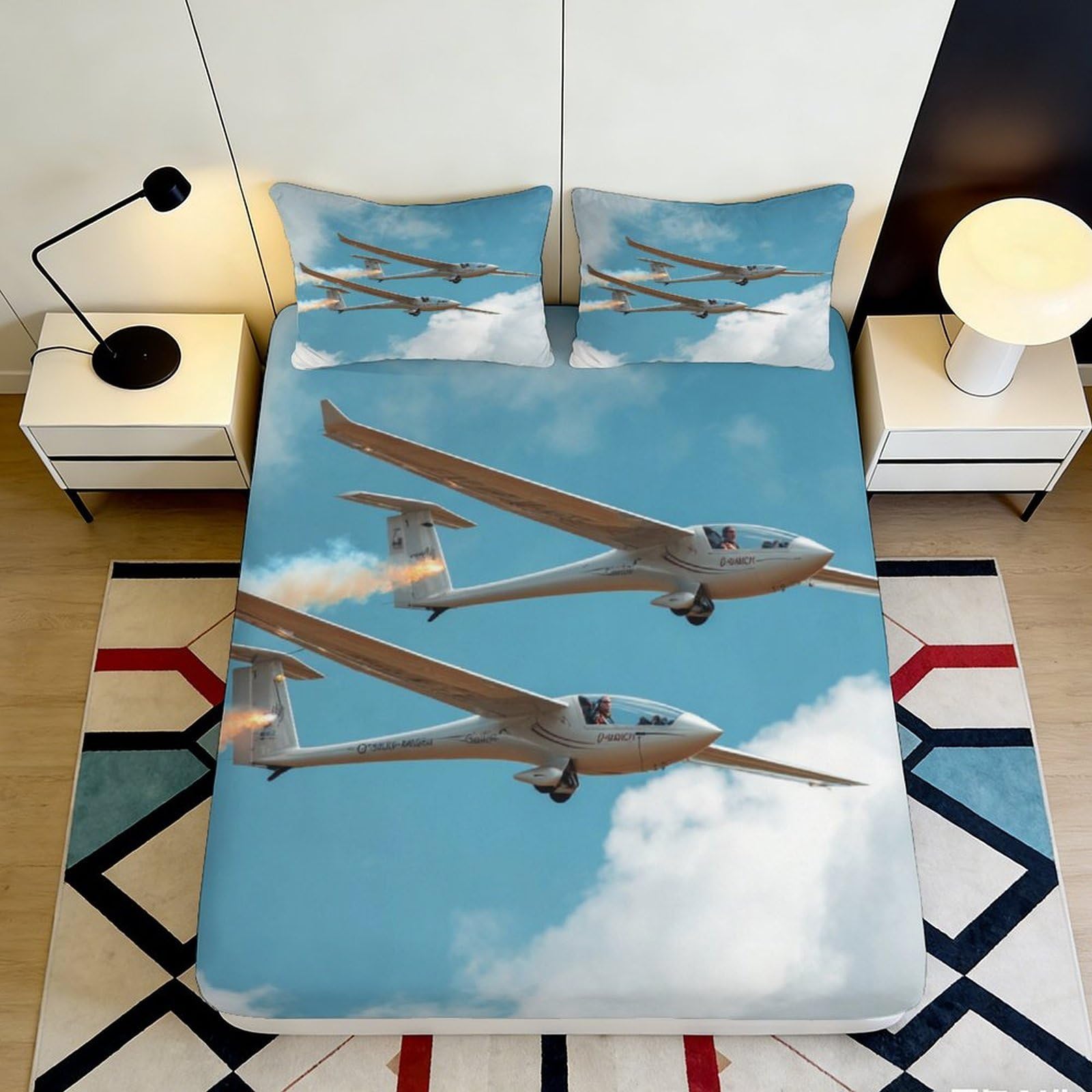 3D Printed Blue Sky Glider Fitted Sheet Microfiber Soft Airplane Bed Sheet for Bedroom Dorm Mattress Protection Decor 90x200x25cm