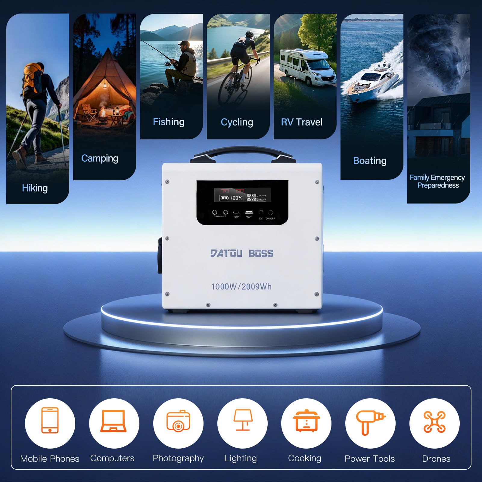 DATOUBOSS Générateur Électrique Portable, 1000 W/2009,6 Wh LiFePO4, générateur solaire 1000 W, stations d'alimentation portables, stockage d'énergie, voyages et camping en camping-car