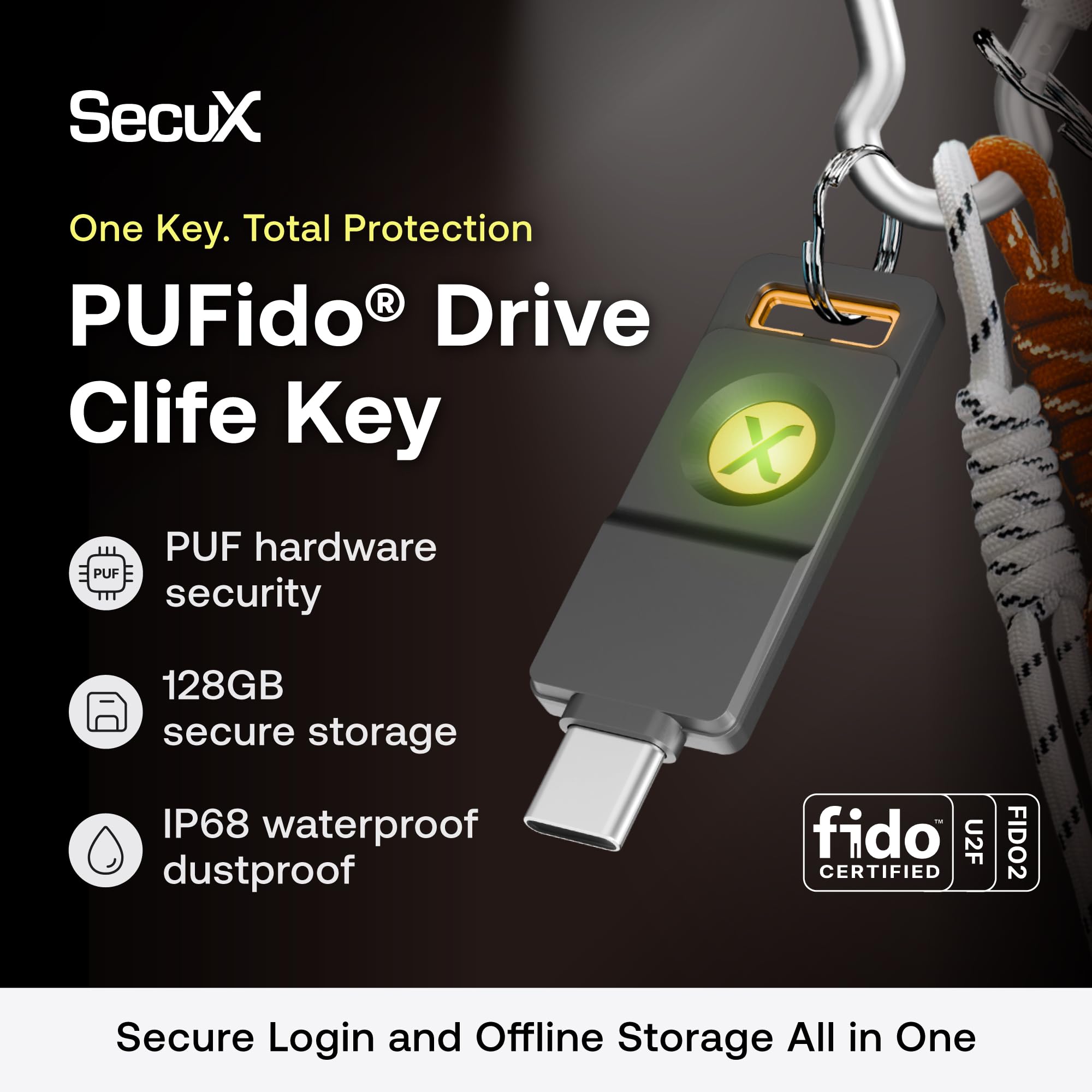 SecuX PUFido Drive Clife Key - Llave de seguridad USB C con tecnología PUF y unidad flash integrada, hardware certificado FIDO2 U2F, seguridad no clonable enraizada para inicio de sesión sin
