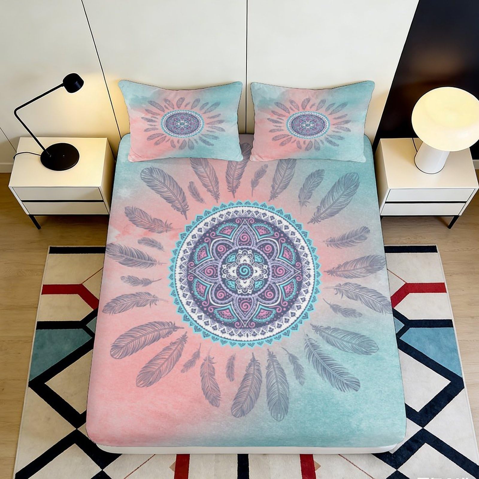 3D Printed Dreamcatcher Fitted Sheet Microfiber Soft Pastel Feather Mandala Mattress Cover Bedroom Dorm Decor 160x200x25cm