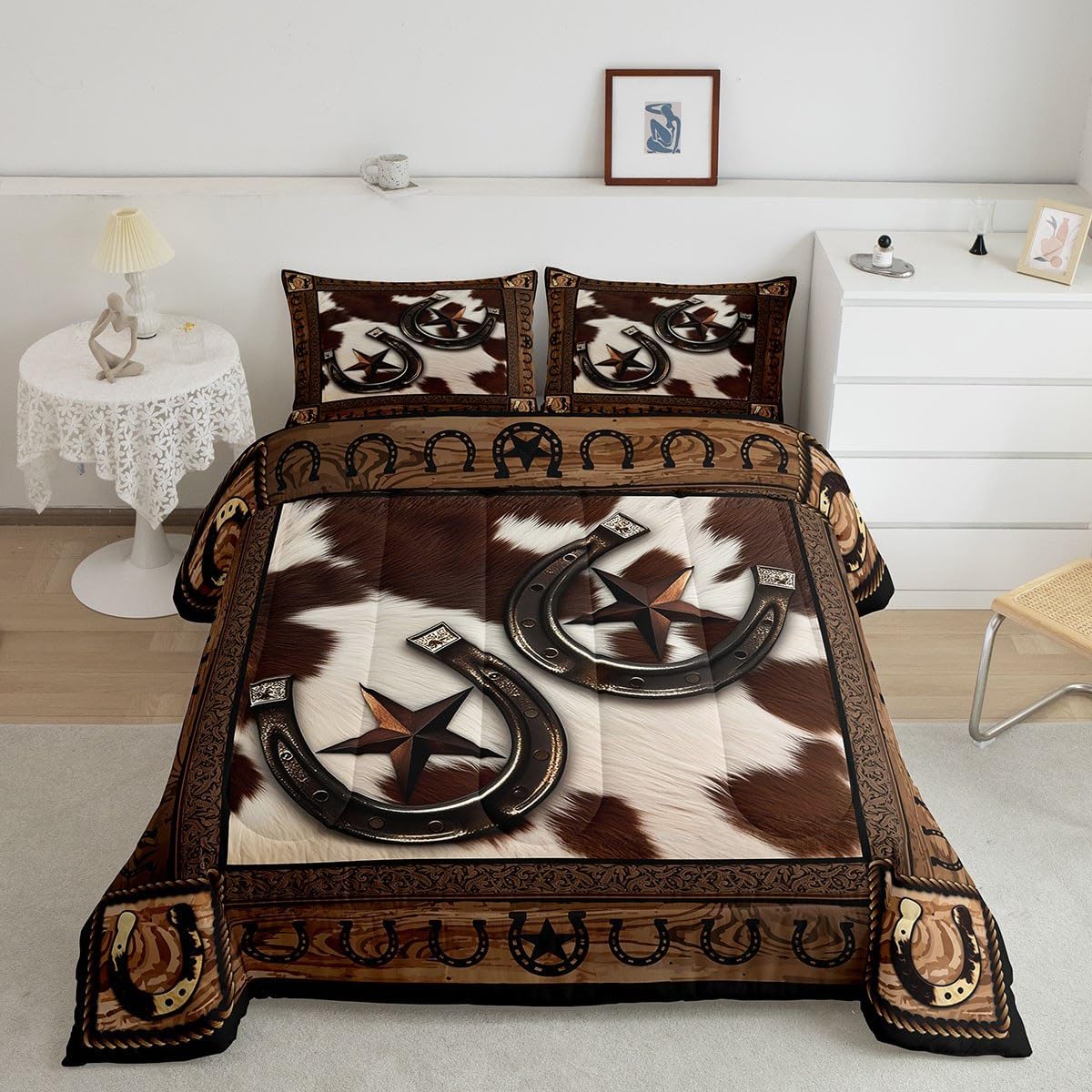 Western Cowboy Comforter Set Full Size,Western Texas Star Horseshoes Retro Bedding Set,Boys Girls Adults Room Decor,Cow Fur Wooden Plank Down Comforter,Rustic Farmhouse Duvet Insert,2 Pillowcases