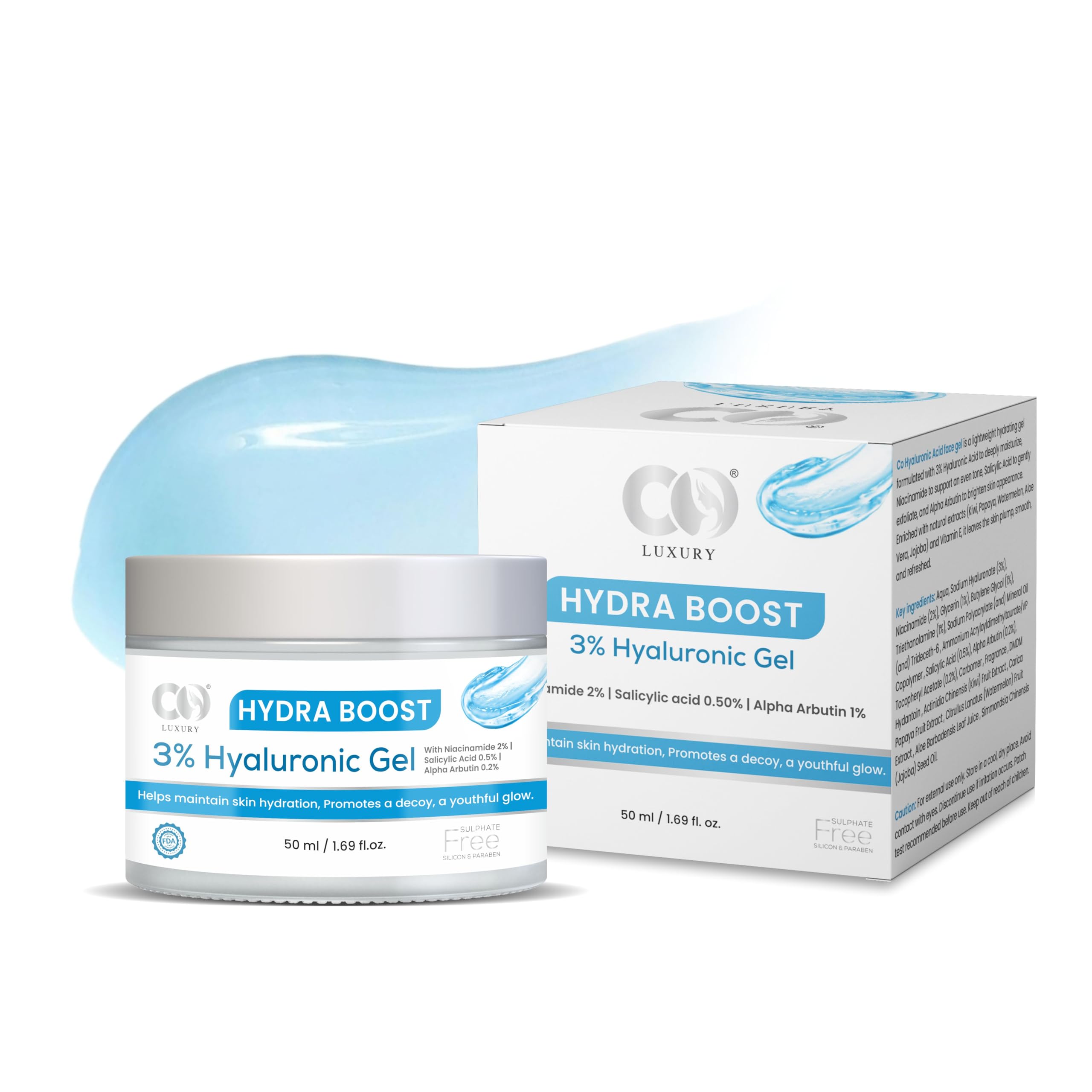 CO Luxury Hydra Boost Hyaluronic Acid Moisturizer | 5X Hydration Water Gel | Salicylic Acid & Niacinamide | Lightweight Face Moisturizer for Oily, Dry & Sensitive Skin | Men & Women | 50ml