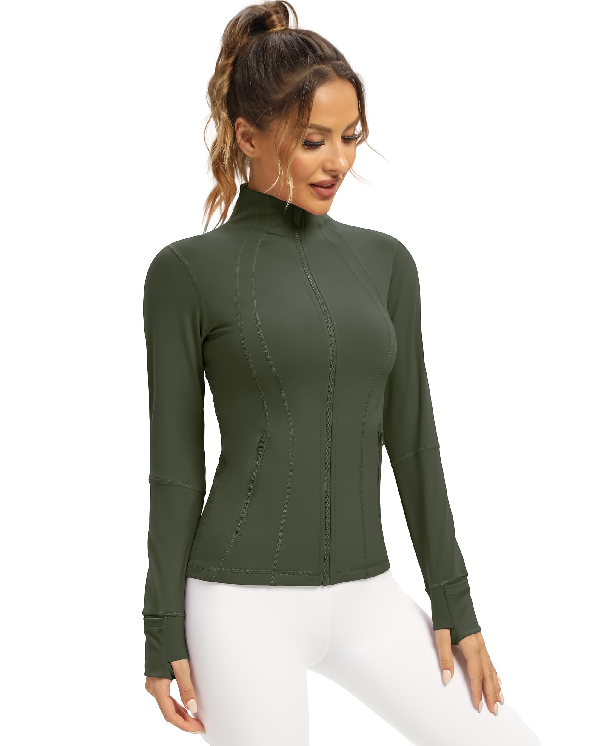 QUEENIEKEWomens Athletic Jackets Cottony-Soft Full Zip Slim Fit Workout Running Jacket with Pockets XXL Moss Green, Moss Green, XXL