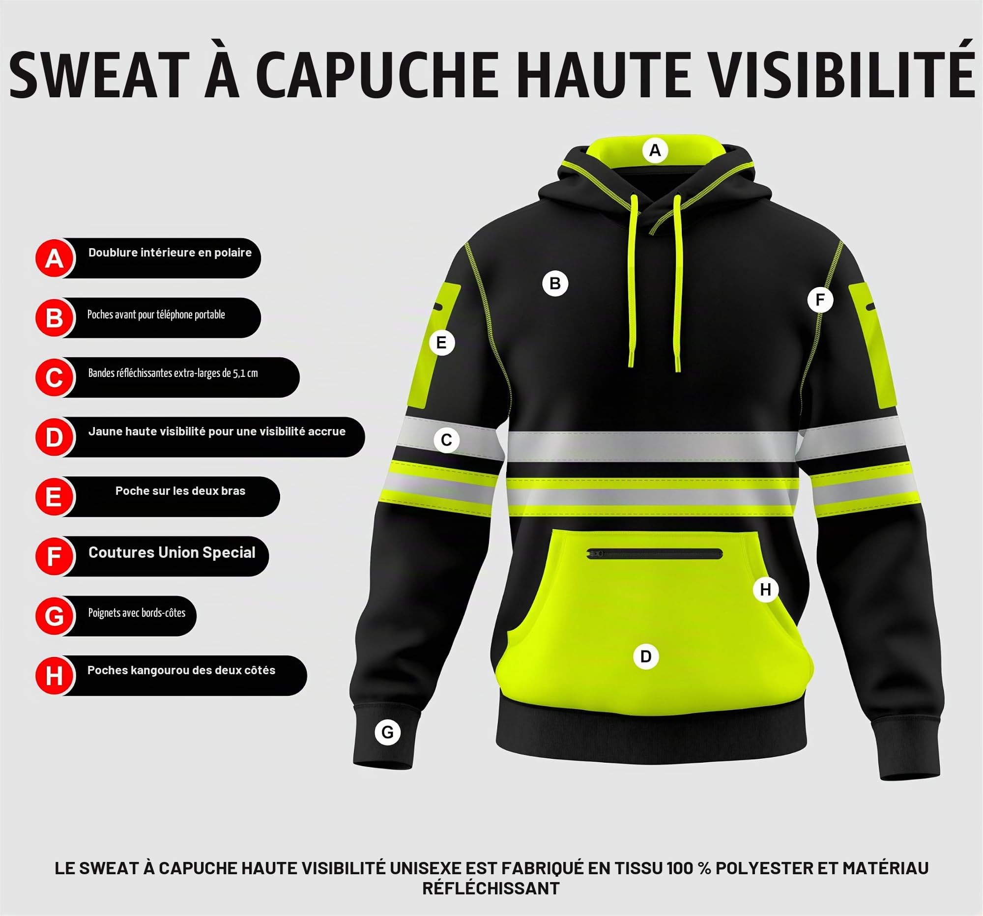 Toro Activa Mens Hi Vis Work Wear Pullover Hoodie Safety Reflective Tape High Viz Sweatshirt Hoodie High Visibility Top Multi Zipper Pockets S-2XL