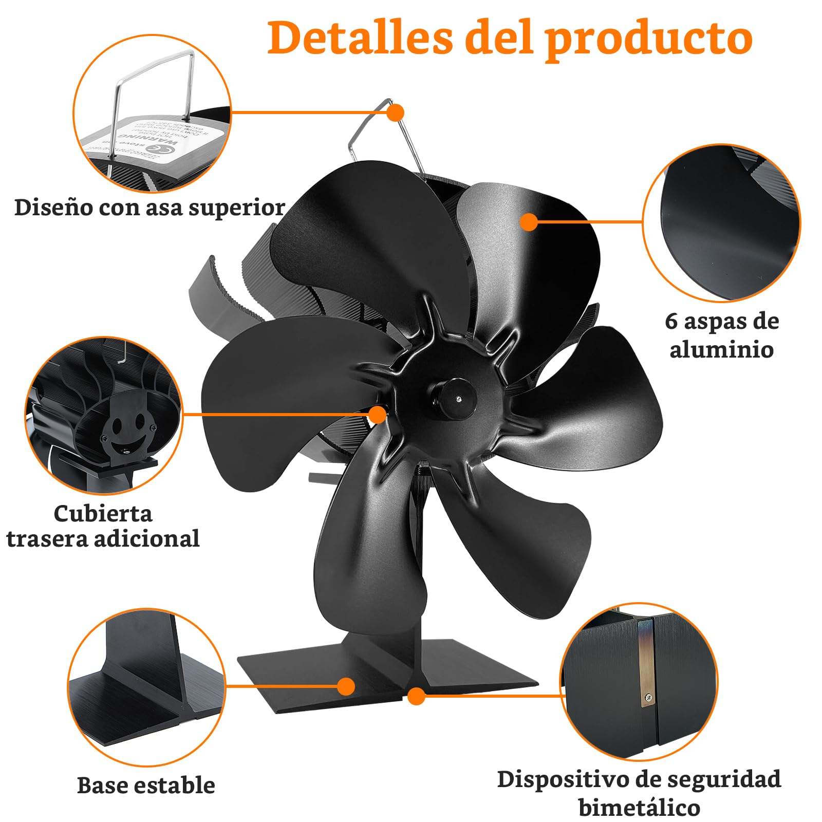 Ventiladores de estufa para chimeneas，Ventiladores de chimenea, 6 piezas, Ventiladores de chimenea de 6 piezas, Ventiladores de estufa de leña/chimenea/chimenea (Estándar)