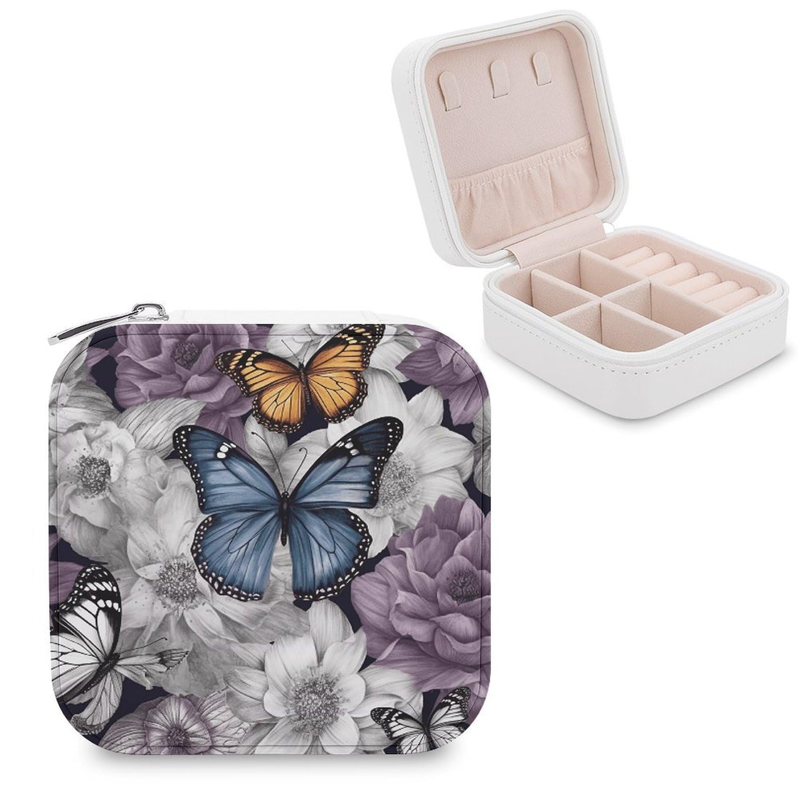 FekiLoot Purple Butterflies Floral Jewelry Case Personalized Leather Jewelry Box Mini Travel Jewelry Case Small Portable Jewelry Organizer for Ring Earrings Necklace Bracelet