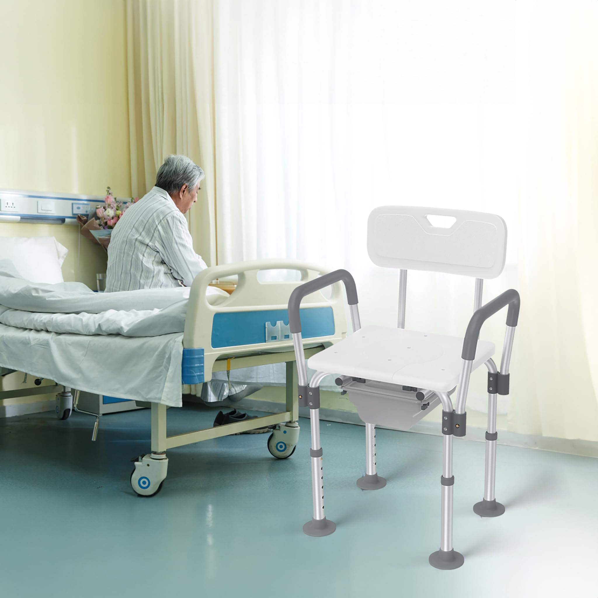 LARS360 Taburete de ducha con cubo de inodoro, respaldo y reposabrazos, altura regulable, antideslizante, asiento de ducha de aluminio y plástico, ayuda para personas mayores de hasta 150 kg