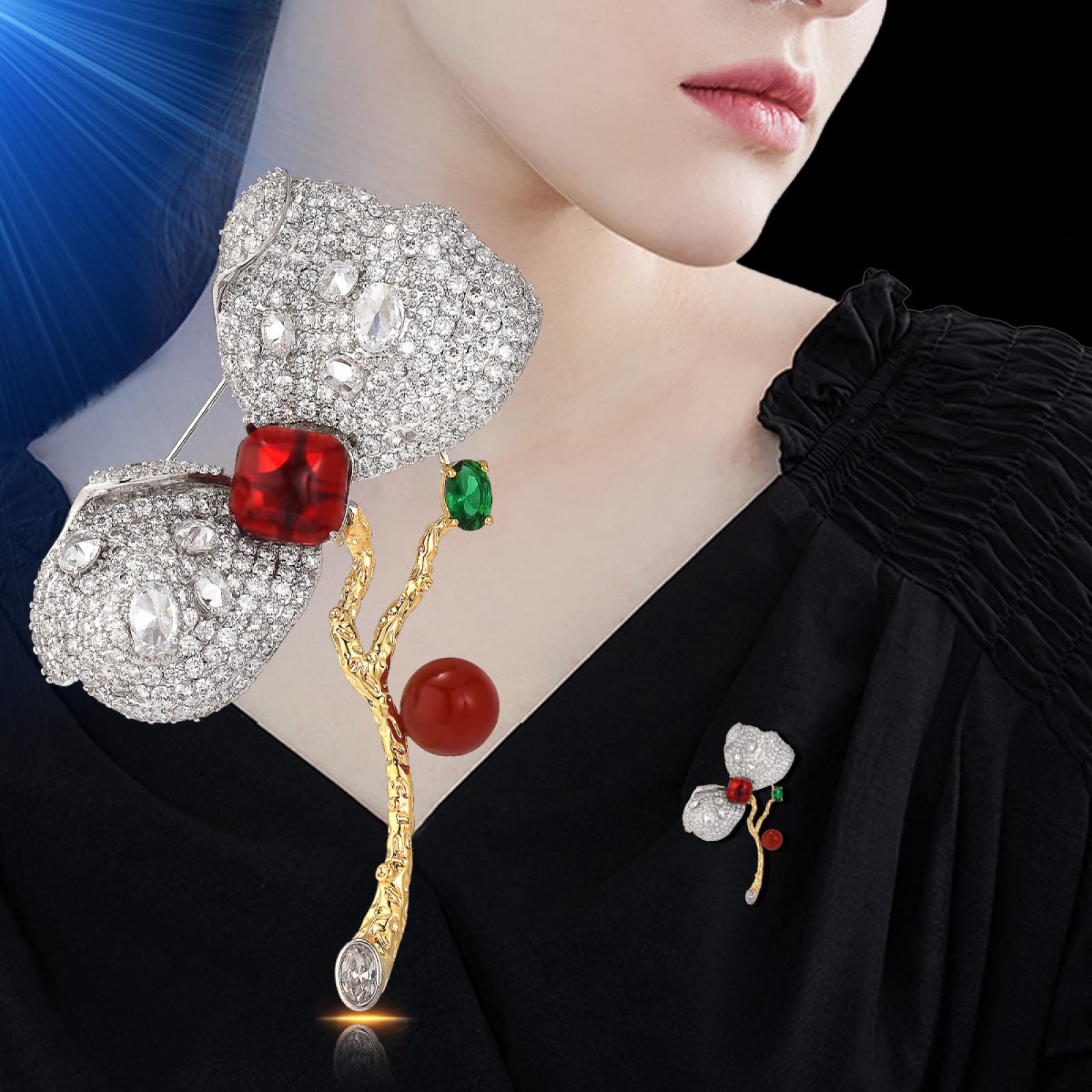 Brosche Damen zweifarbige Blumenbrosche Zirkonia Imitation Onyx Corsage Damen atmosphärische Anstecknadel
