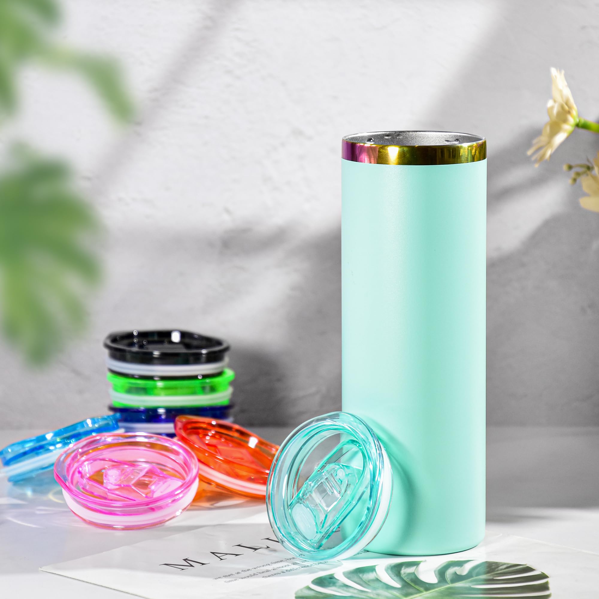 Ersatzdeckel für Skinny Tumbler, 20 oz, 10 Stück, spritzwassergeschützte Kunststoffdeckel, auslaufsicherer, schmaler Schiebedeckel aus Silikon, BPA-frei, mehrfarbig, für Mundbecher