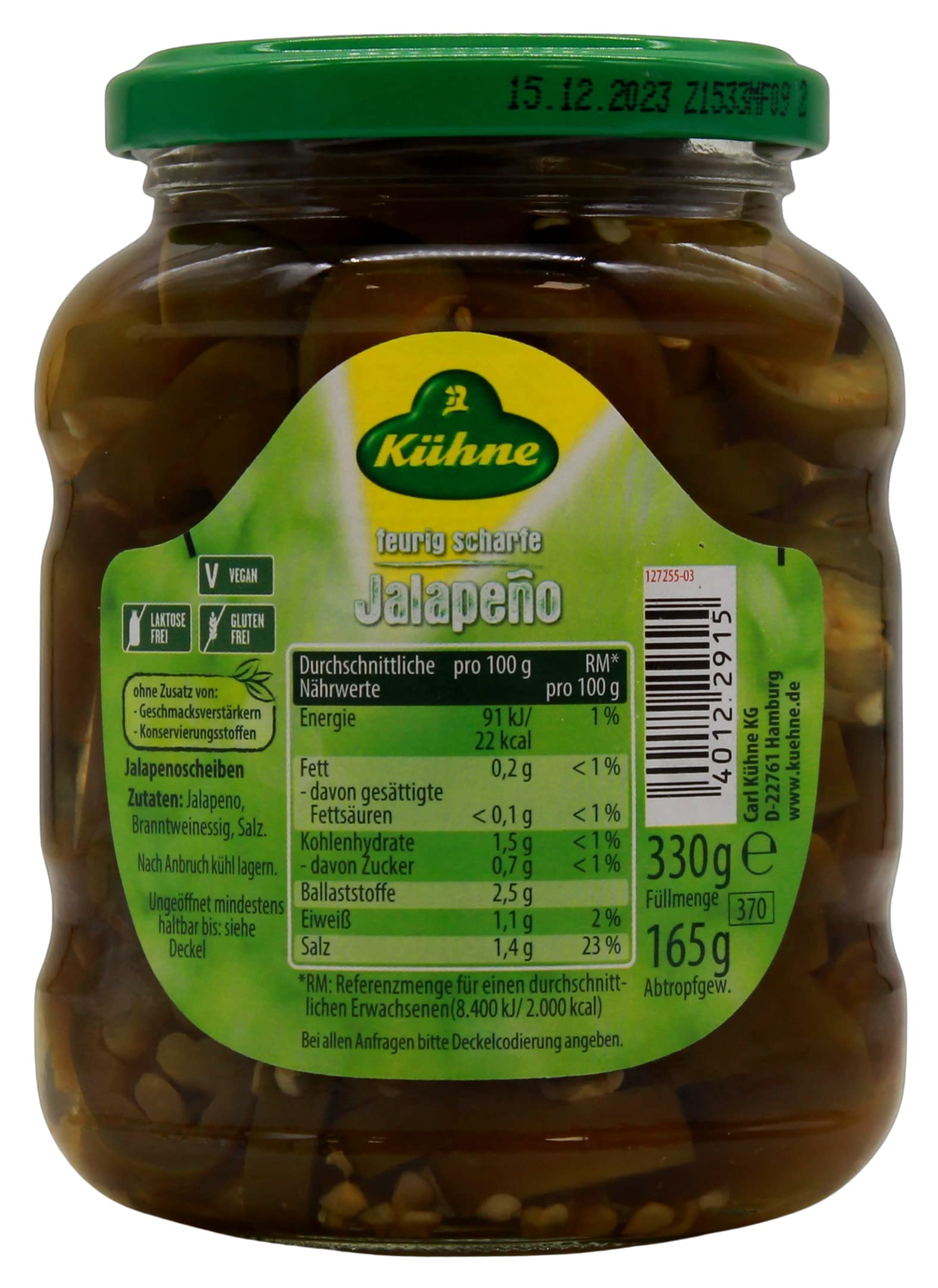 Kühne feurig scharfe Jalapeno in Scheiben 10er Pack 10 x 165g