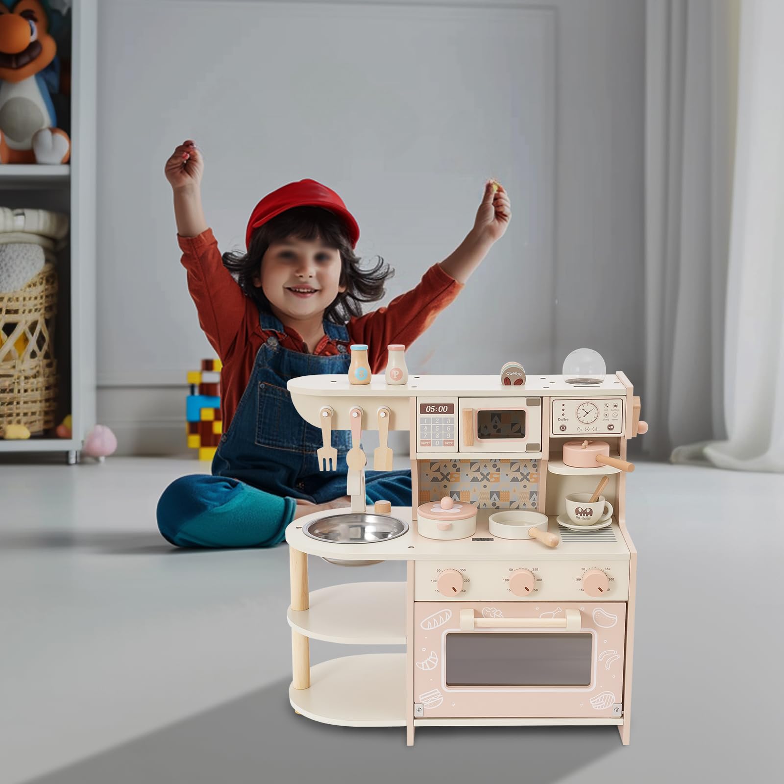 Cocina de juguete de madera para niños con estufa y cafetera, juguete de madera no tóxico, juego de rol compacto para niños pequeños juegos de rol en casa