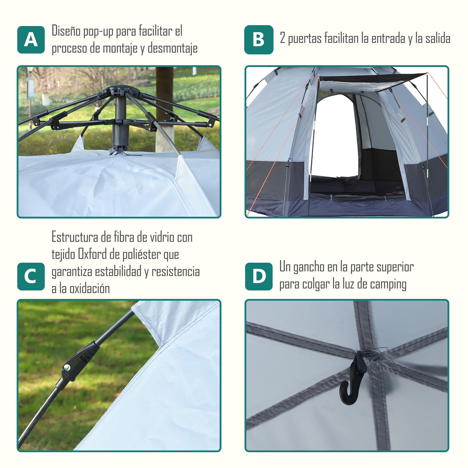 Outsunny Tienda de Campaña para 3-4 Personas Tienda de Camping Plegable con 2 Puertas Impermeable 3000+ Anti-UV Poste Automático Gancho y Bolsas para Senderismo Playa 260x260x150 cm Gris y Negro