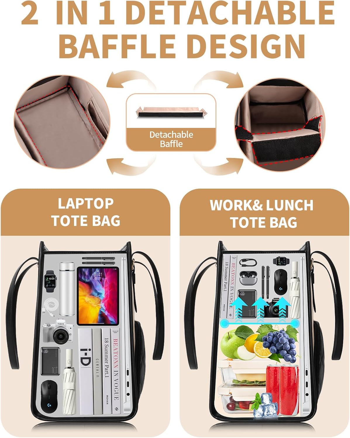 ESTARER Laptop Tote Bag with Insulated Lunch Compartment, 15.6 Inch PU Leather Laptop Bag For Women, Computer Work Handbag for Teacher, Nurse, Office, Collage, Casual, Black&White - Image 4