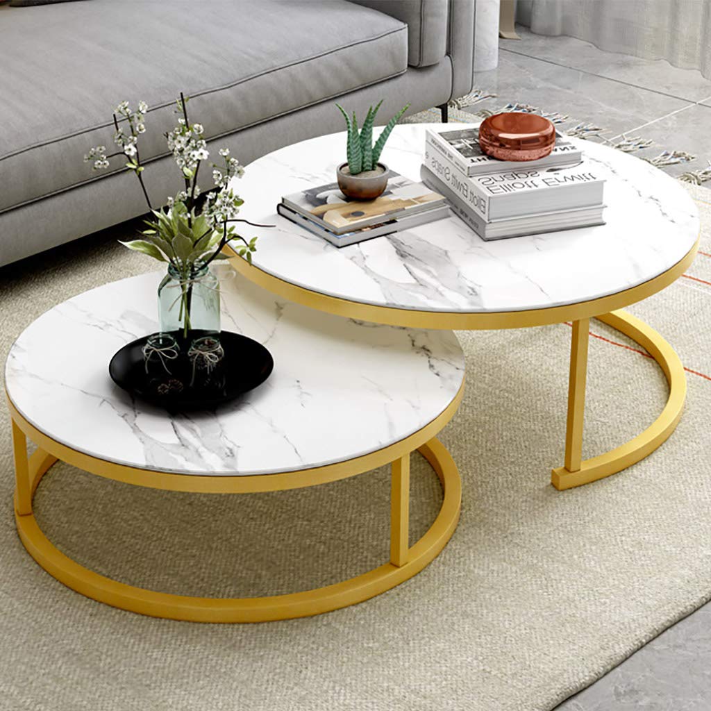 SXZenSpace Set of 2 Round Stackable Coffee Tables Elegant Nesting Side with Marble Texture & Metal for Living Room Modern Stacking End Home Decor