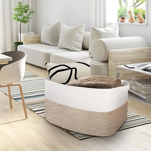 Miniatura 5 de Cesta de cuerda extragrande, 22.8 x 14.9 x 11.8 pulgadas, cesta rectangular para manta para sala de estar, cesta organizadora de juguetes de tejido